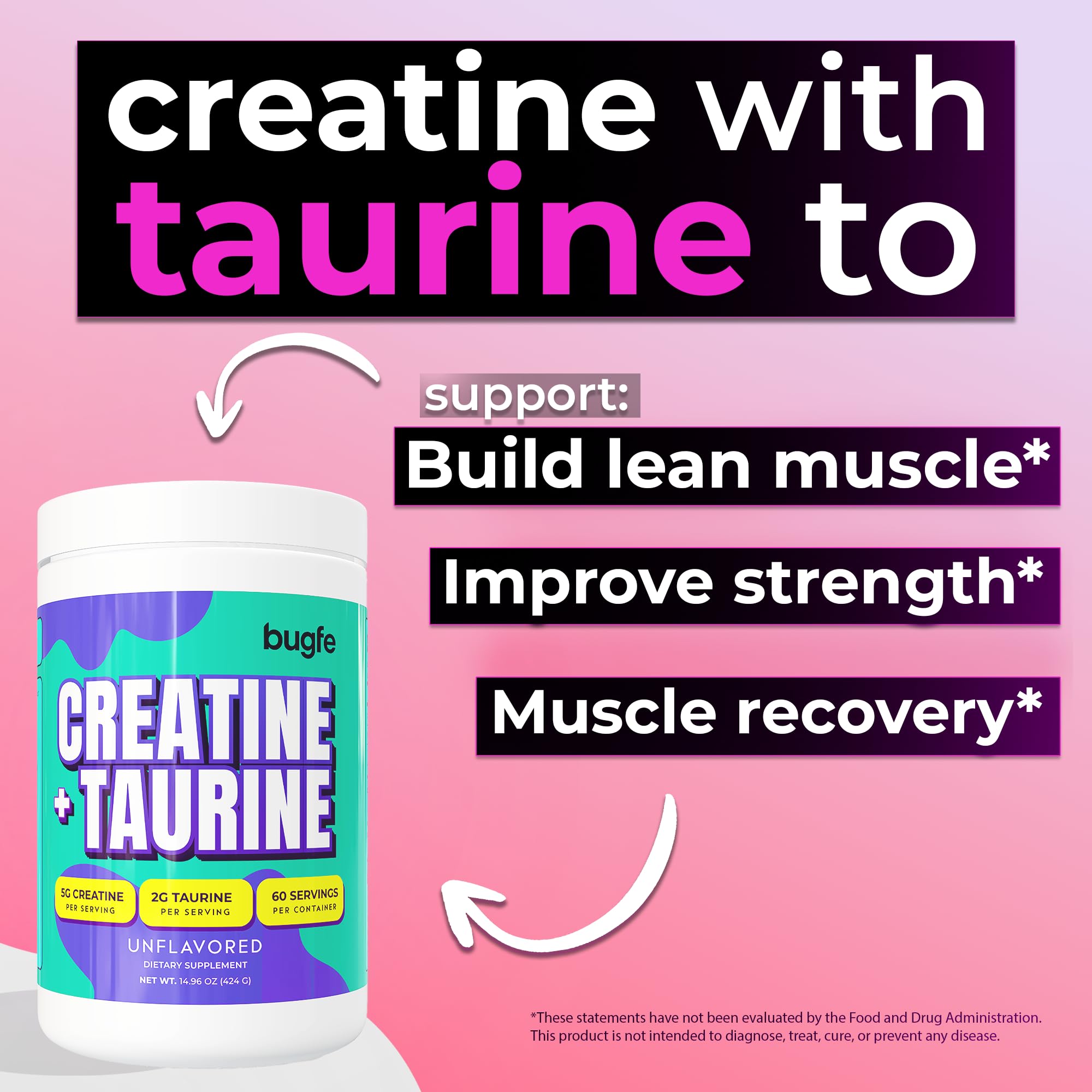 Creatine with Taurine for Women & Men - Unflavored Micronized Creatine Monohydrate Plus Taurine Powder to Support Muscle Strength, Recovery & Brain Health (60 Servings) BugfeAu supplements