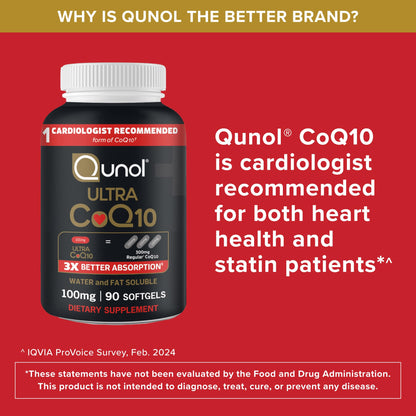 Qunol Ultra CoQ10 100mg Softgels- 3x Better Absorption, Antioxidant for Heart Health & Energy Production, Coenzyme Q10 Vitamins QunolUS supplements