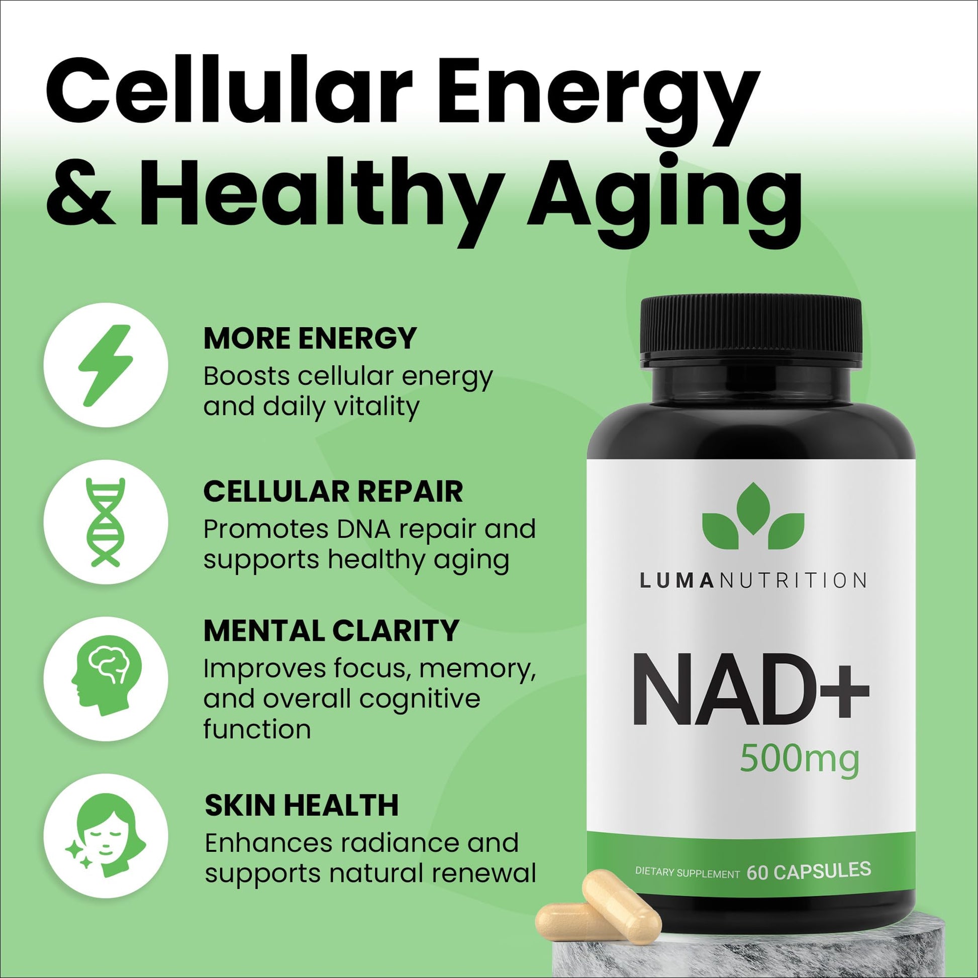 Luma Nutrition NAD+ Supplement 1000mg (500mg per Capsule) – Aging Plus Energy, Metabolism & Cellular Support – Pure NAD Supplements for Women & Men, Made in USA Luma NutritionAu supplements