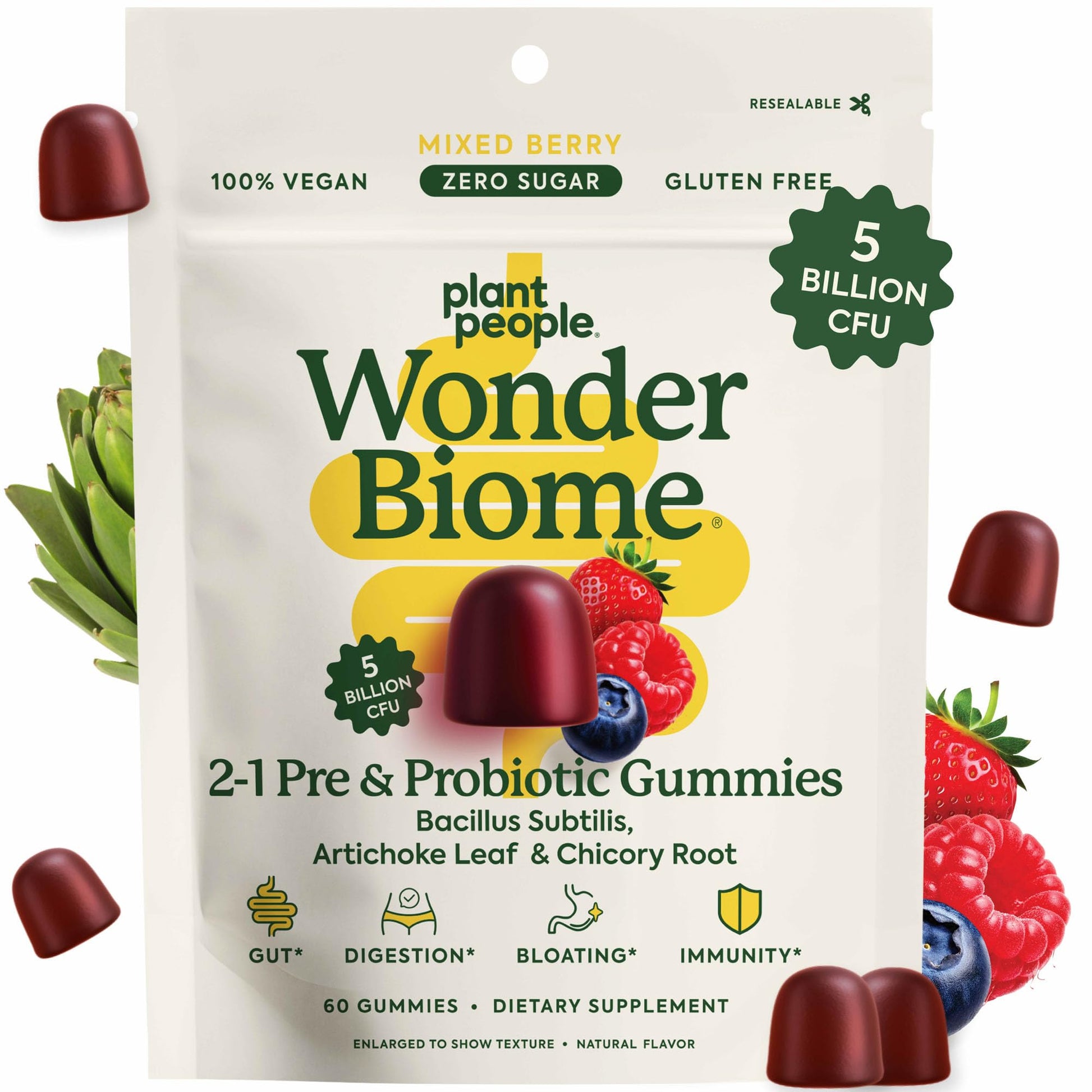 Plant People WonderBiome 2-in-1 Prebiotic + Probiotic Gummies – Zero-Sugar Vegan Digestive Health & Bloating Relief – 5 Billion CFU Bacillus Subtilis DE111 + Artichoke & Chicory – 60 Count Plant PeopleAu supplements