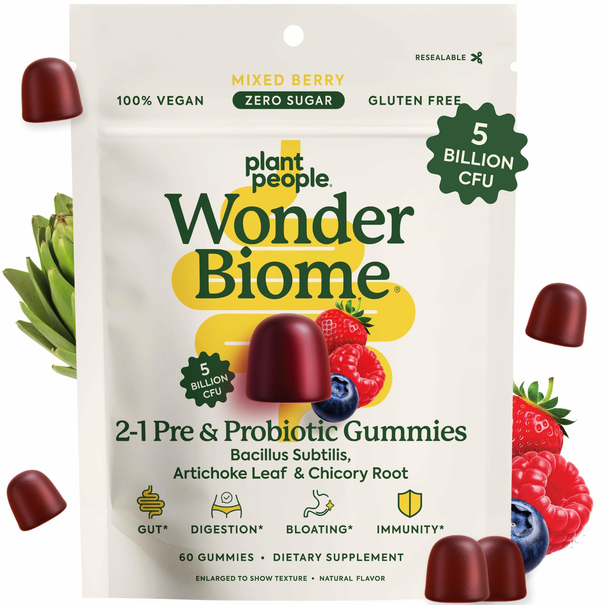 Plant People WonderBiome 2-in-1 Prebiotic + Probiotic Gummies – Zero-Sugar Vegan Digestive Health & Bloating Relief – 5 Billion CFU Bacillus Subtilis DE111 + Artichoke & Chicory – 60 Count Plant PeopleAu supplements