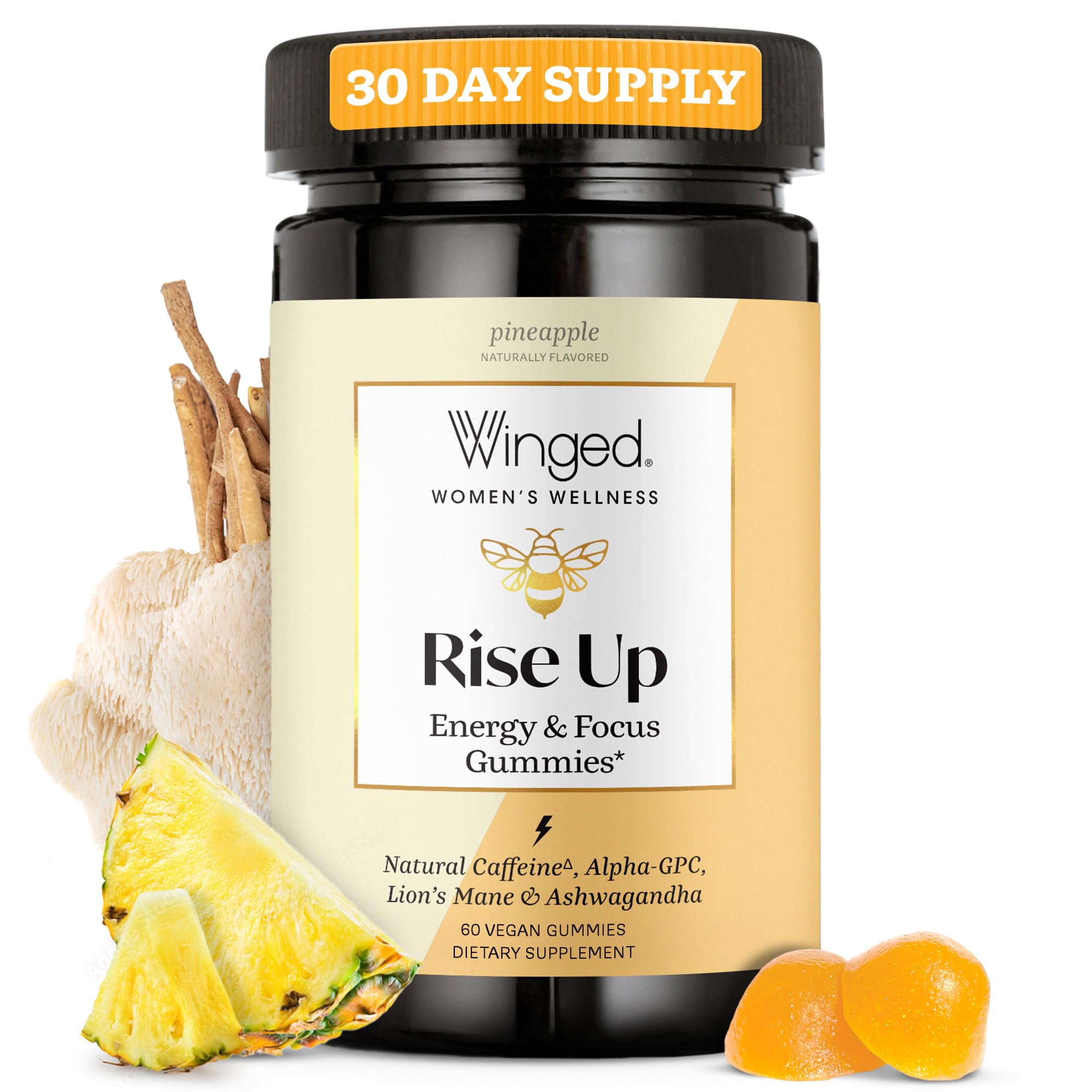 Winged Wellness Rise Up, Energy & Focus Gummies for Women - Daily Brain Boost Gummy Supplement with Natural Caffeine, Ashwagandha, B12, Nootropics Alpha-GPC & Lion’s Mane - Pineapple, 60 Gummies Winged WellnessAu supplements