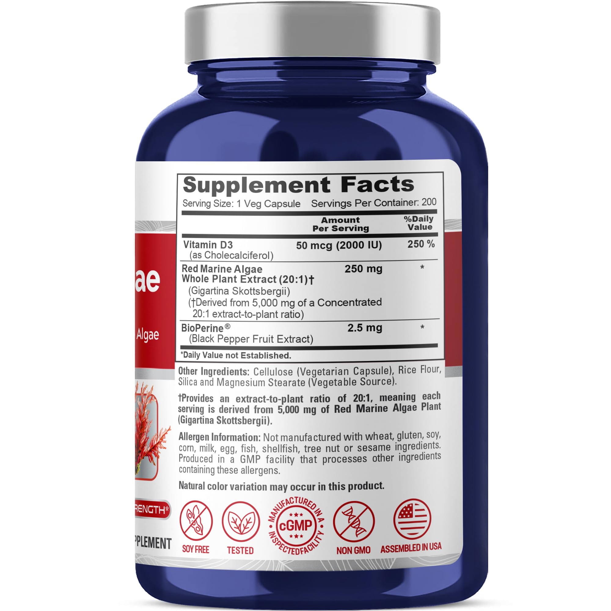 NusaPure Red Marine Algae 20:1 Extract, 250 mg Equivalent to 5,000 mg 200 Veggie Capsules (Non-GMO & Soy Free) Bioperine NusaPureAu supplements
