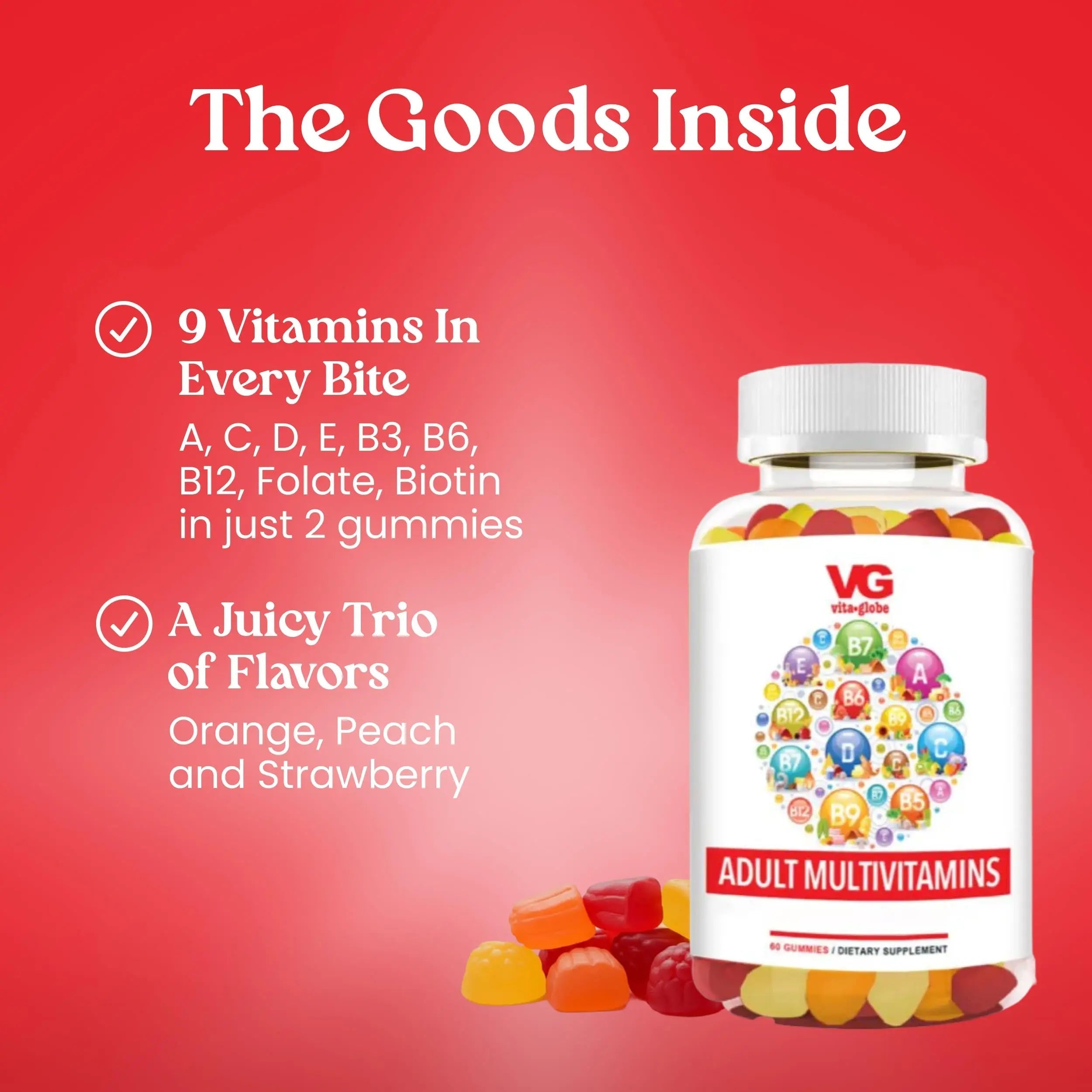 VITA GLOBE Adult Multivitamin Gummies – 9 Daily Vitamins with C, D, E, B6, B12, Folate & Biotin | Delicious Juicy Trio Orange VITA GLOBEAu supplements