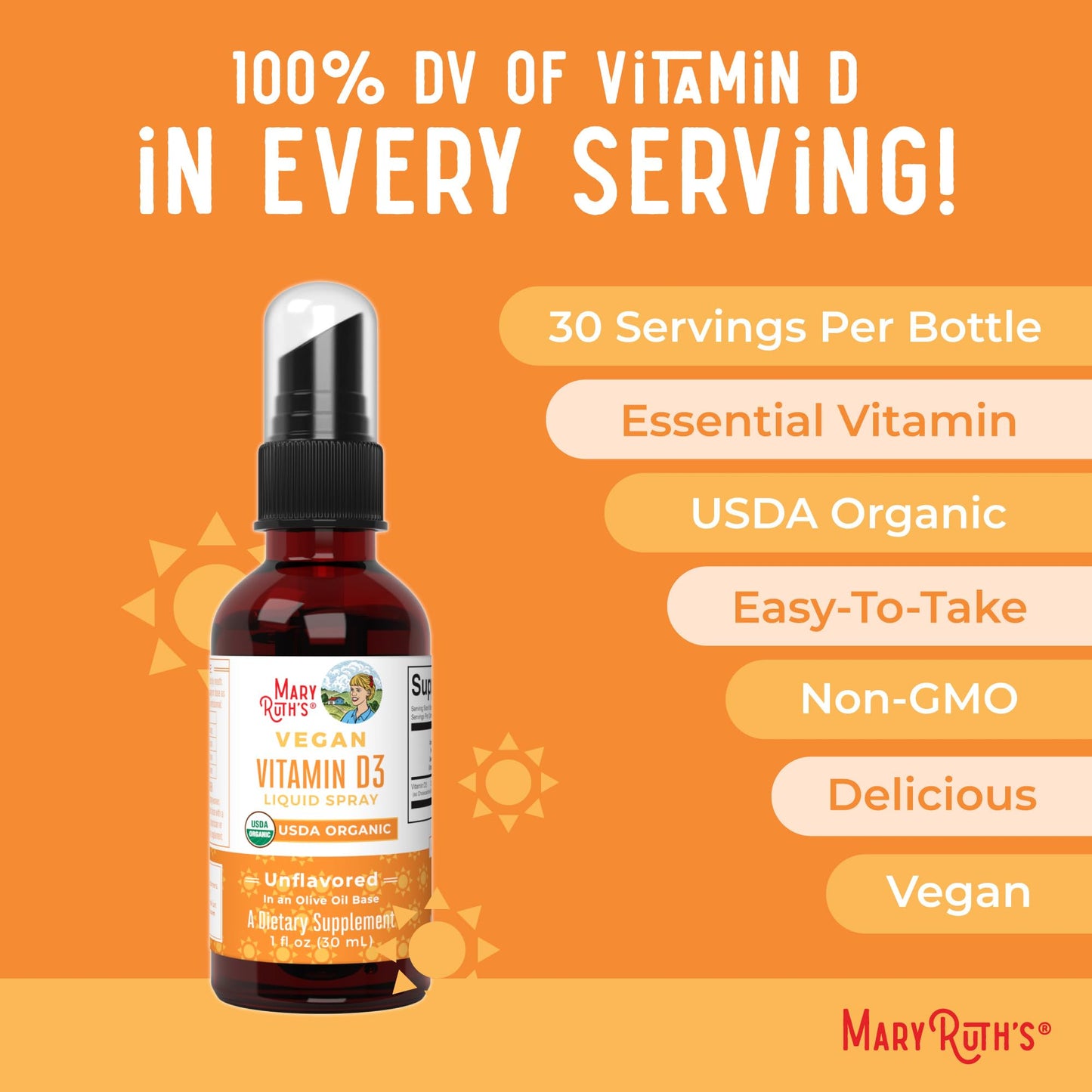 MaryRuth Organics Vitamin D USDA Organic | VIT D3 Liquid | Sugar Free | Liquid VIT D Spray Immune Support for Adults & Kids | Bone Health| Vegan | Gluten Free | Non-GMO | 30 Servings MARYRUTH'SUS supplements