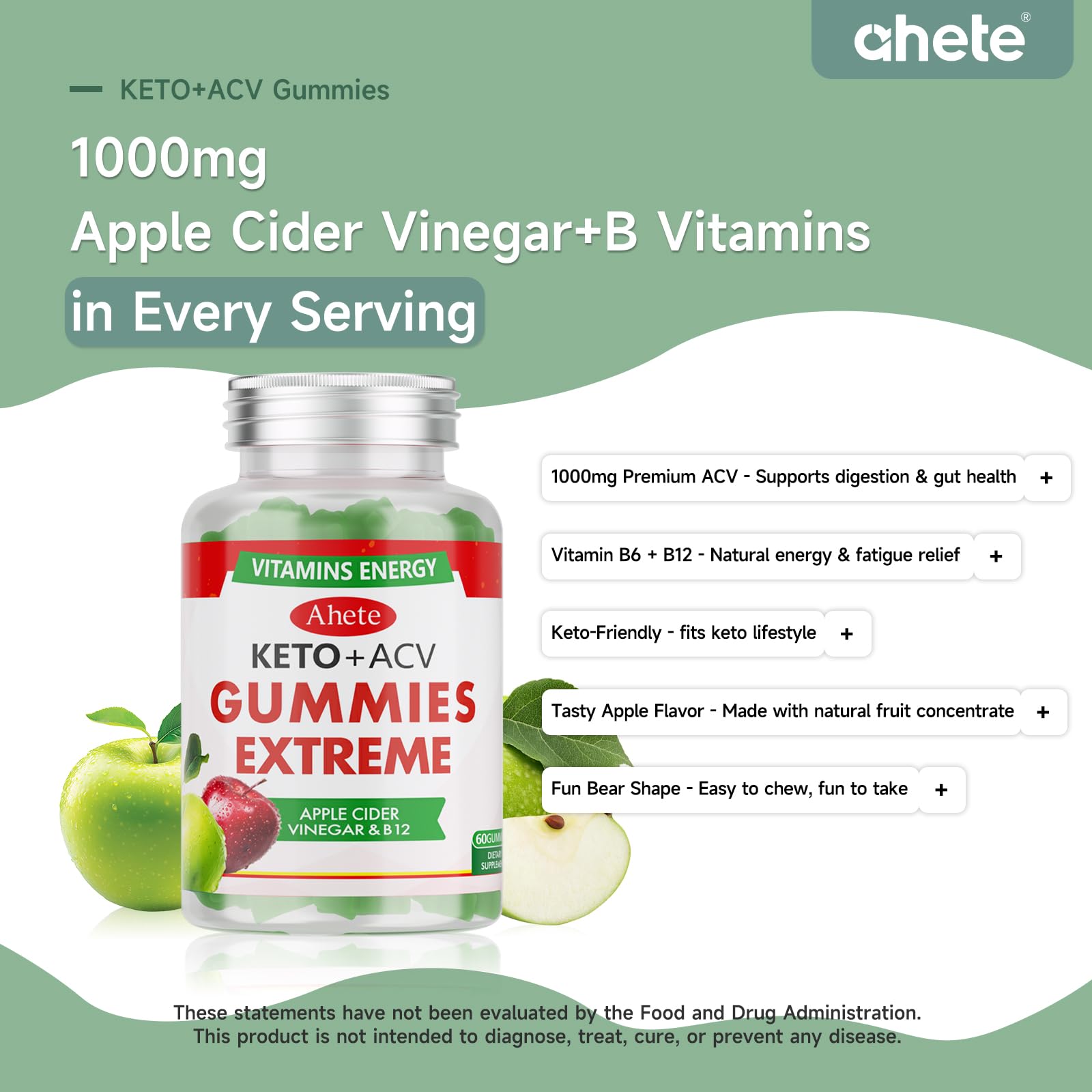 Ahete Keto Apple Cider Vinegar Gummies with Vitamin B6, B12, Folate & Beet Root, Keto ACV Gummies Supports Daily Wellness & Metabolism, Natural Apple Flavor, 60 Gummies (30 Day Supply) AheteAu supplements