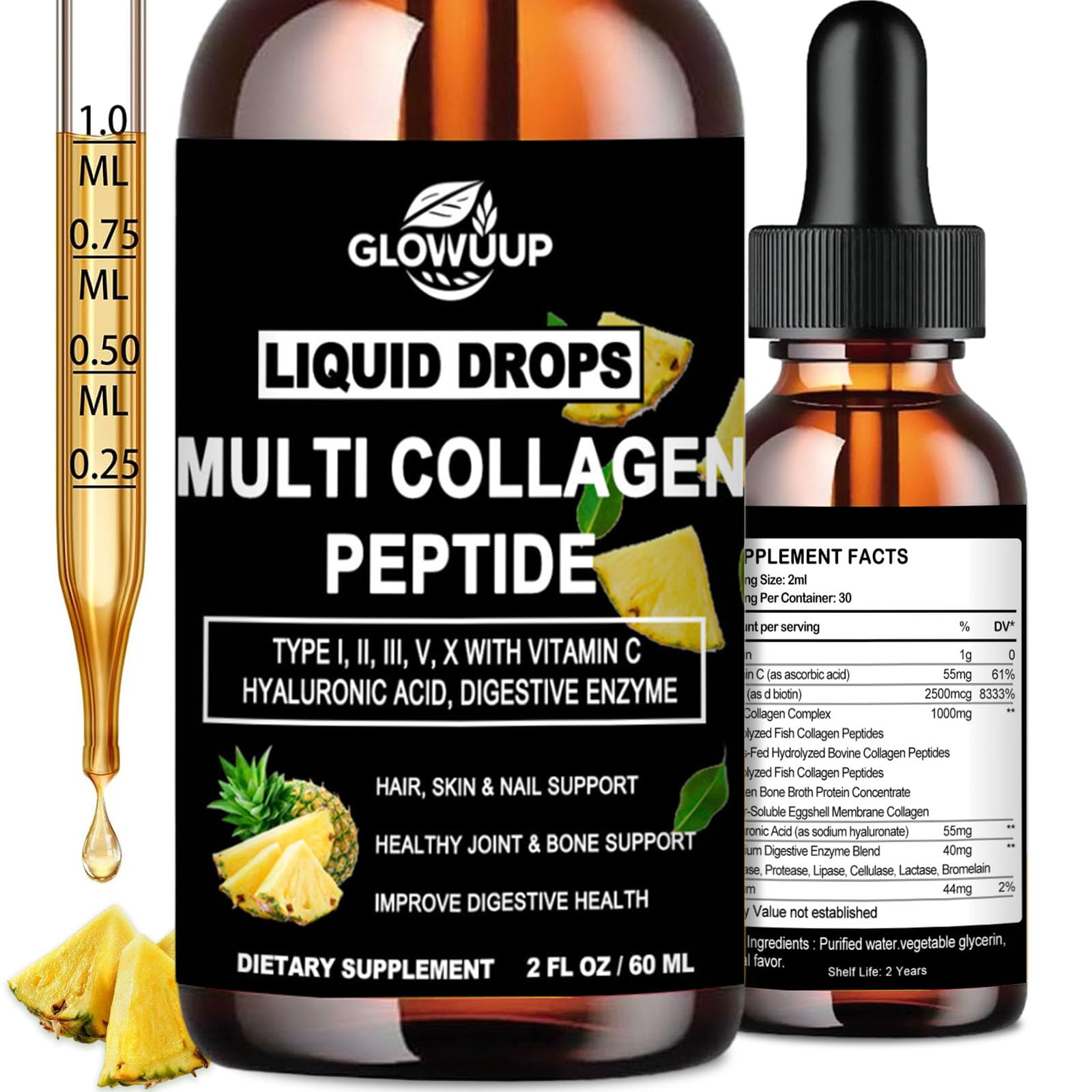 Multi Collagen Peptides Liquid Drops for Women & Men-Type I, II, III, V, X丨Hydrolyzed Collagen Peptides, Collagen Proteins W. Hyaluronic Acid, Biotin & Vitamin C for Hair Skin & Joint Gut Health GLOVVUUPAu supplements
