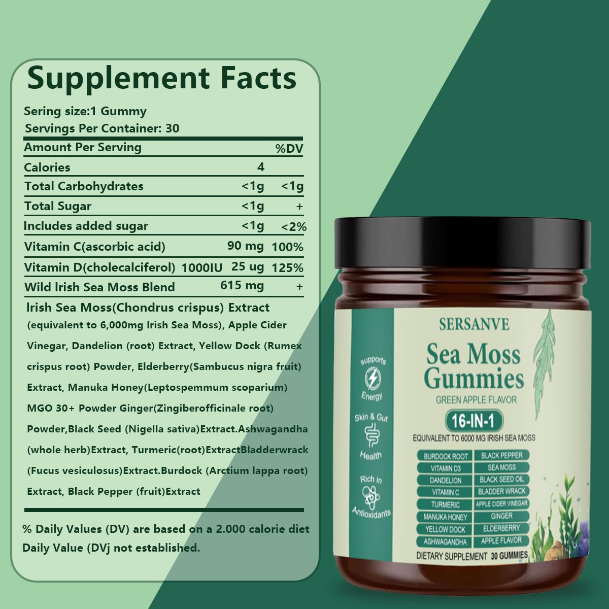 Sea Moss Gummies 16-in-1, with Black Seed Oil, Ashwagandha & Elderberry | Organic Irish Sea Moss Supplement for Men & Women | Daily Support with Manuka, Burdock Root & Vitamins C & D3, 30 Gummies SERSANVEAu supplements
