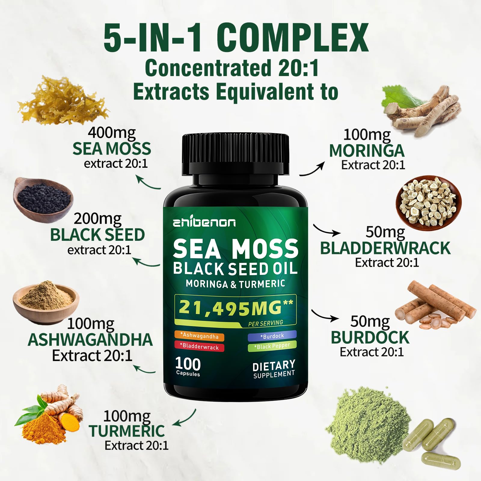 Zhibenon Sea Moss Capsules with Bladderwrack & Burdock - 50 Day Supply - Powerful Formula with Black Seed Oil, Ashwagandha, Turmeric, Vitamin C, Vitamin D3, Moringa & Black Pepper Extract ZhibenonAu supplements