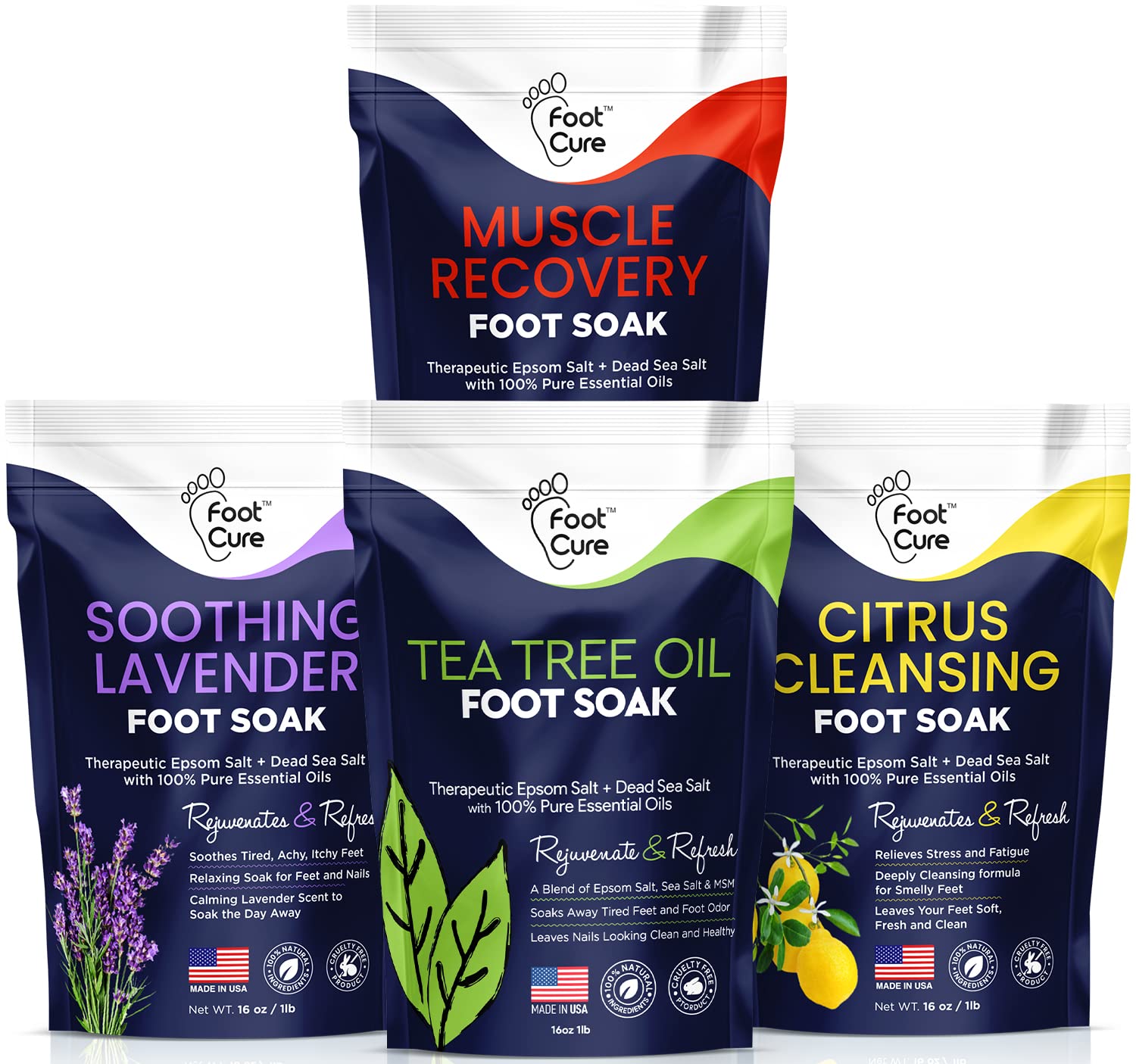 Foot Soak with Epsom Salts- Variety Pack of 4- Tea Tree Oil, Muscle Relief, Calming FOOT CUREUS supplements