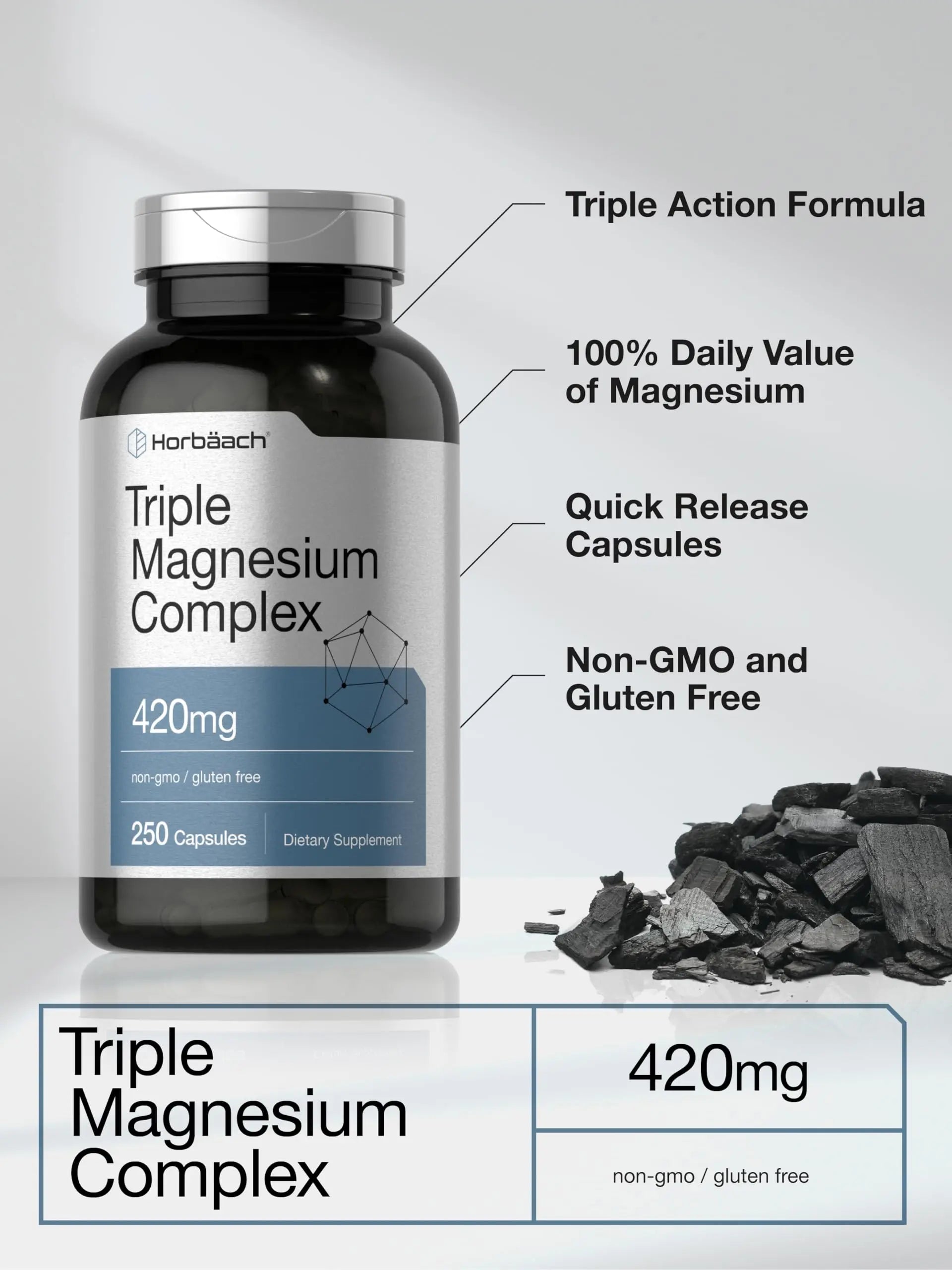Horbäach Triple Magnesium Complex | 420 mg | 250 Capsules | Non-GMO and Gluten Free Formula | Magnesium Oxide, Citrate, and Aspartate Dietary Supplement Horbäachnz supplements