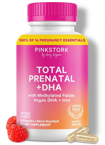Pink Stork Total Prenatal Vitamins with DHA, Folate, Iron, Choline, and Vitamin B12 - Prenatals for Women to Support Fetal Development, Pregnancy Essentials