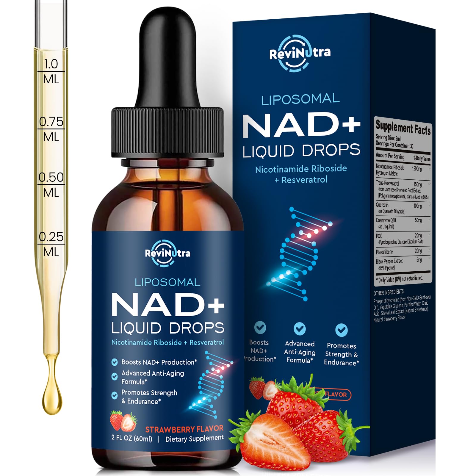 Liposomal NAD+ Liquid Supplement, Nad Resveratrol Supplement for Women & Men, Nicotinamide Riboside with PQQ, CoQ10, Quercetin for Anti-Aging, Brain, Cellular Energy Health, Strawberry Flavor, 2 Fl Oz ReviNutraAu supplements