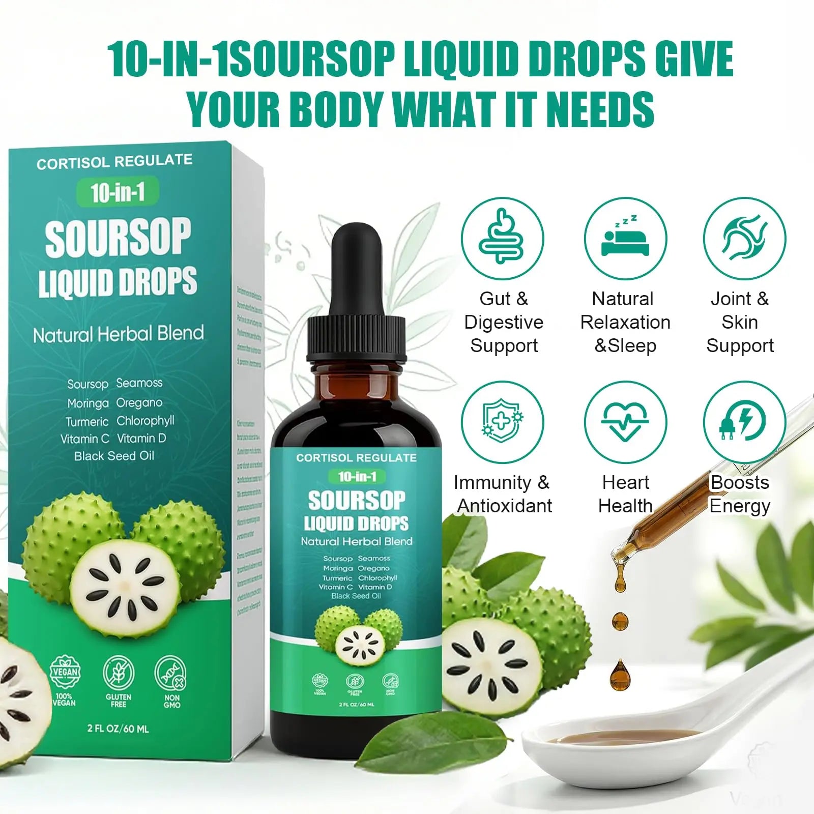 CORTISOL REGULATE Soursop Liquid Drops, 10-in-1 Blend with Sea Moss, Moringa, Turmeric, Black Seed Oil, Oregano, and More, 2 fl oz (1 Pack) CORTISOL REGULATEAu supplements
