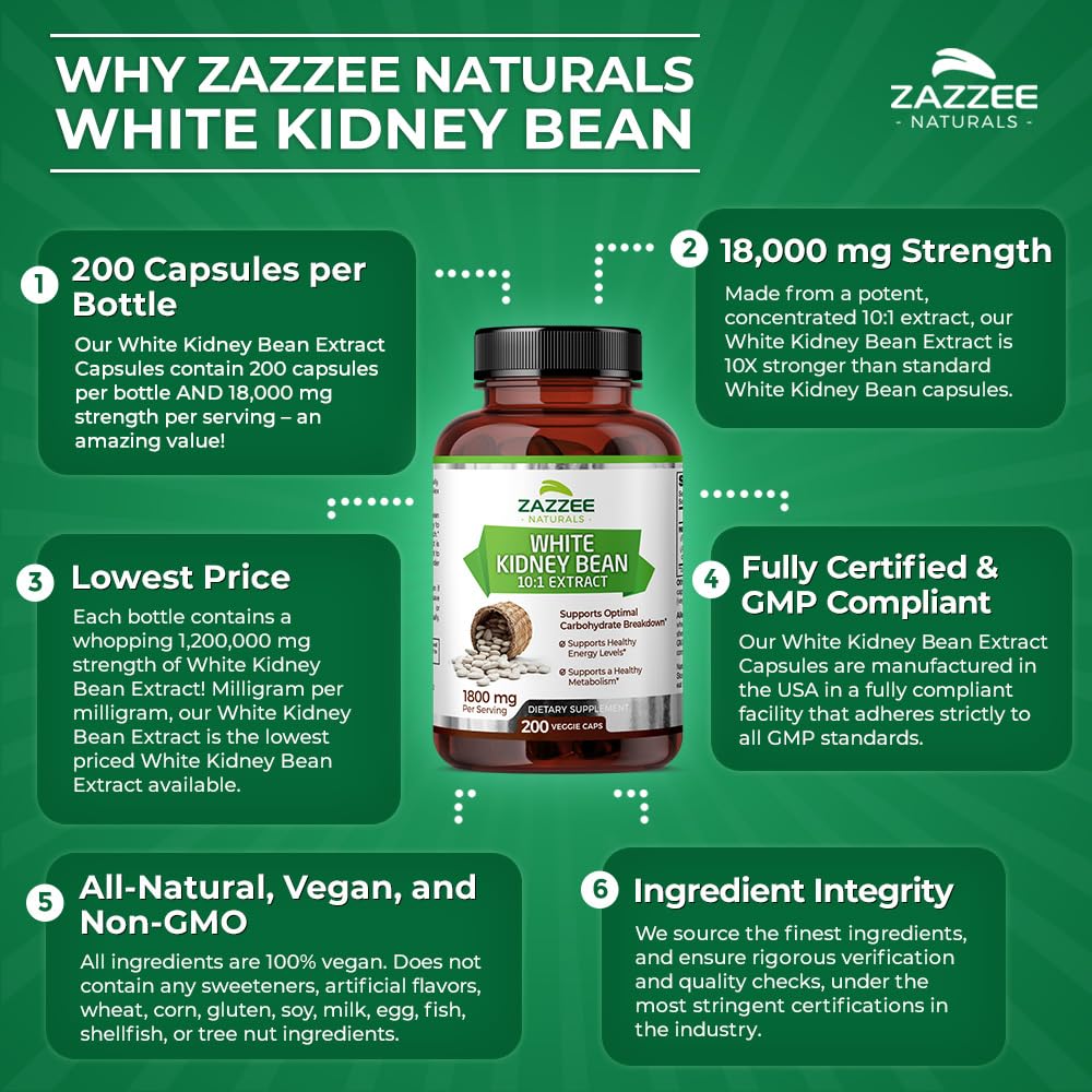 Zazzee White Kidney Bean 10:1 Extract, 18,000 mg Strength, 200 Vegan Capsules, Over 2 Month Supply ZazzeeAu supplements