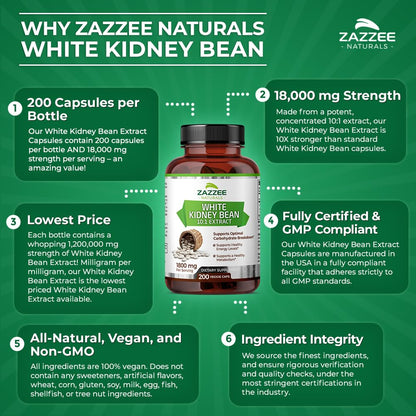 Zazzee White Kidney Bean 10:1 Extract, 18,000 mg Strength, 200 Vegan Capsules, Over 2 Month Supply ZazzeeUS supplements