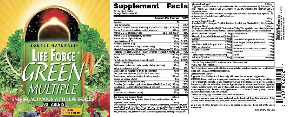 Source Naturals Life Force Green Multiple, Energy Activator with Superfoods* - 90 Tablets Source NaturalsAu supplements