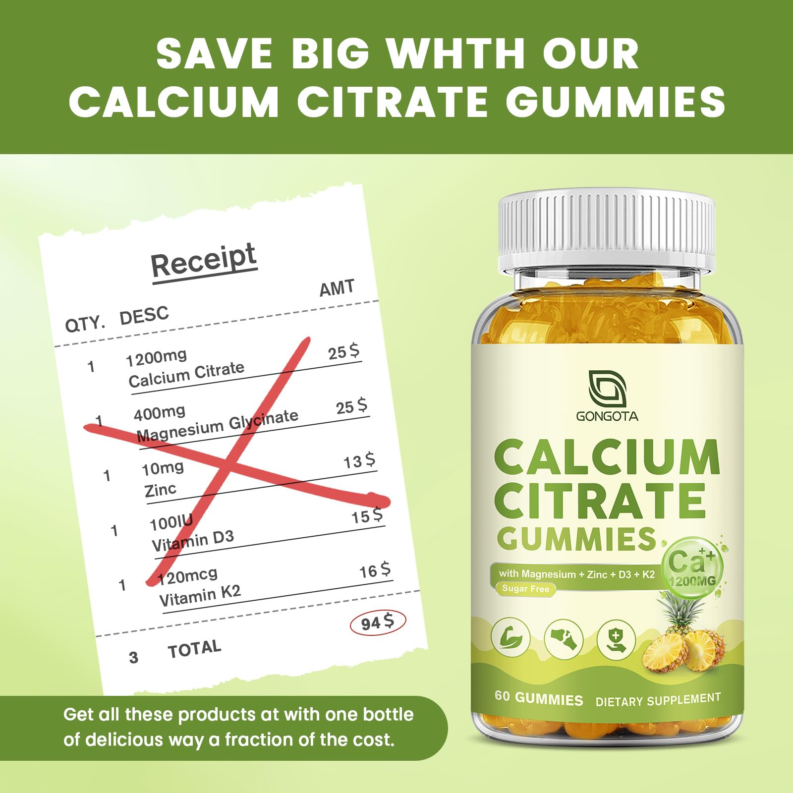 Calcium Citrate Gummies for Women, 1200mg Calcium Citrate Magnesium with Vitamin C D3 K2, Absorption Calcium Supplements for Bone, Muscle, Immune, Sugar Free (120Count) GONGOTAAu supplements