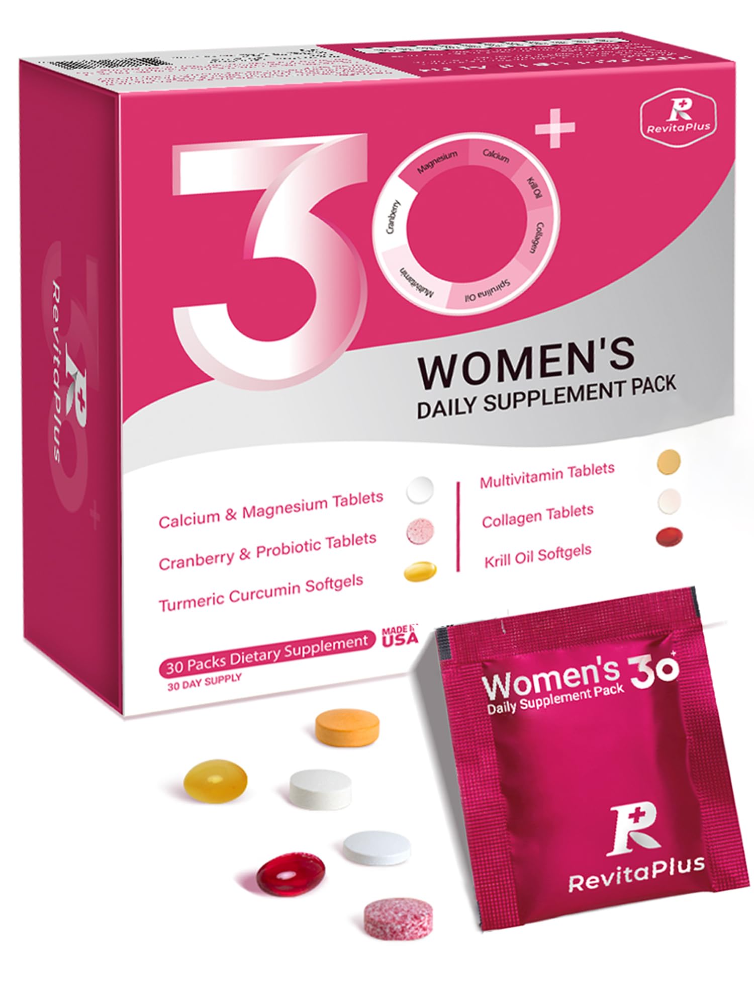 RevitaPlus Multivitamin for Women with Vitamin A,B,C,D3,E,K2,Biotin, Collagen,Krill Oil,Cranberries Supports Energy,Wellness,Beauty and Immune - Vitamin Packs for Women Health 30 Packs RevitaPlusAu supplements