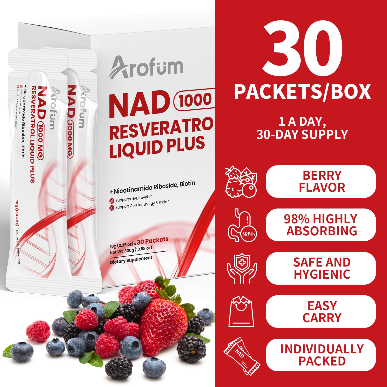 Arofum NAD+ Liquid Supplement 1000mg | 850mg Nicotinamide Riboside with Resveratrol, Quercetin, CoQ10 & Biotin | Cellular Energy, DNA Repair, Healthy Aging | NAD Supplements for Women & Men 30 Packets ArofumAu supplements