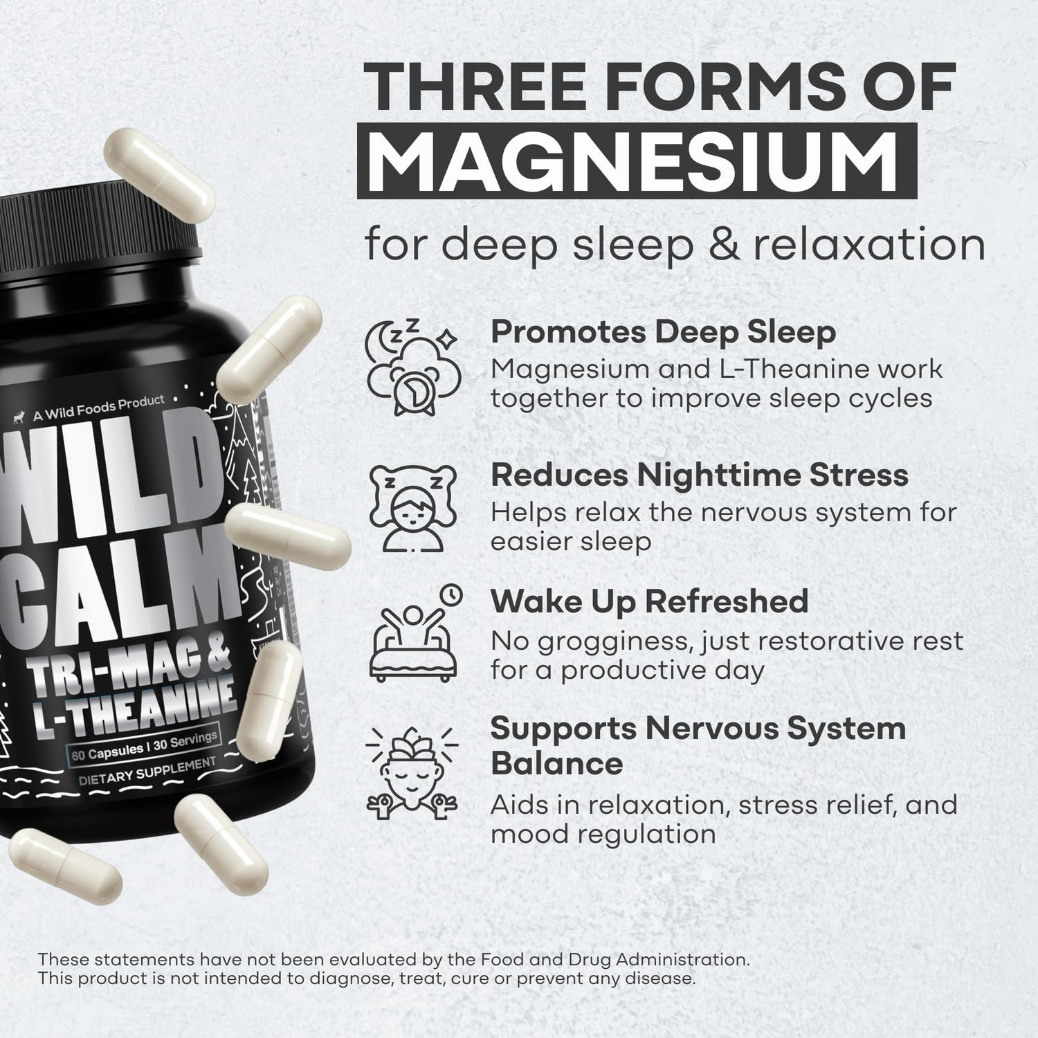 Wild Foods Tri-Mag & L-Theanine – Triple Magnesium Complex for Sleep w/L Theanine – Magnesium Glycinate, Malate, Taurate – 100% Natural – 60 Capsules Wild FoodsAu supplements