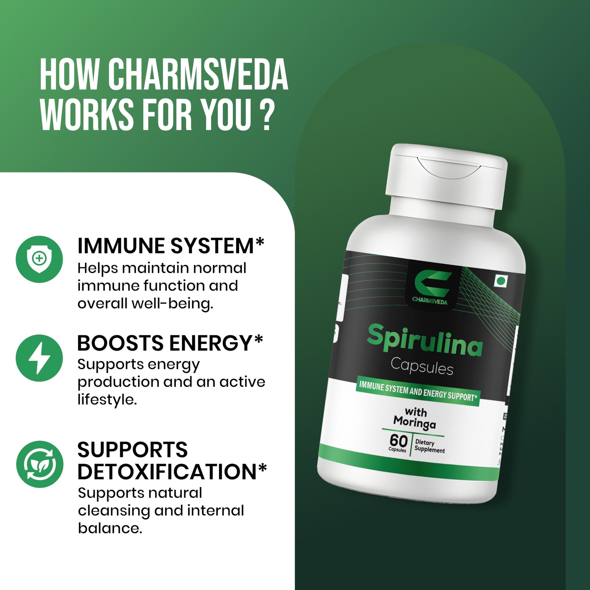 CHARMSVEDA Spirulina Capsules with Moringa – Herbal Immune Support* – 60 Vegan Capsules CHARMSVEDAAu supplements