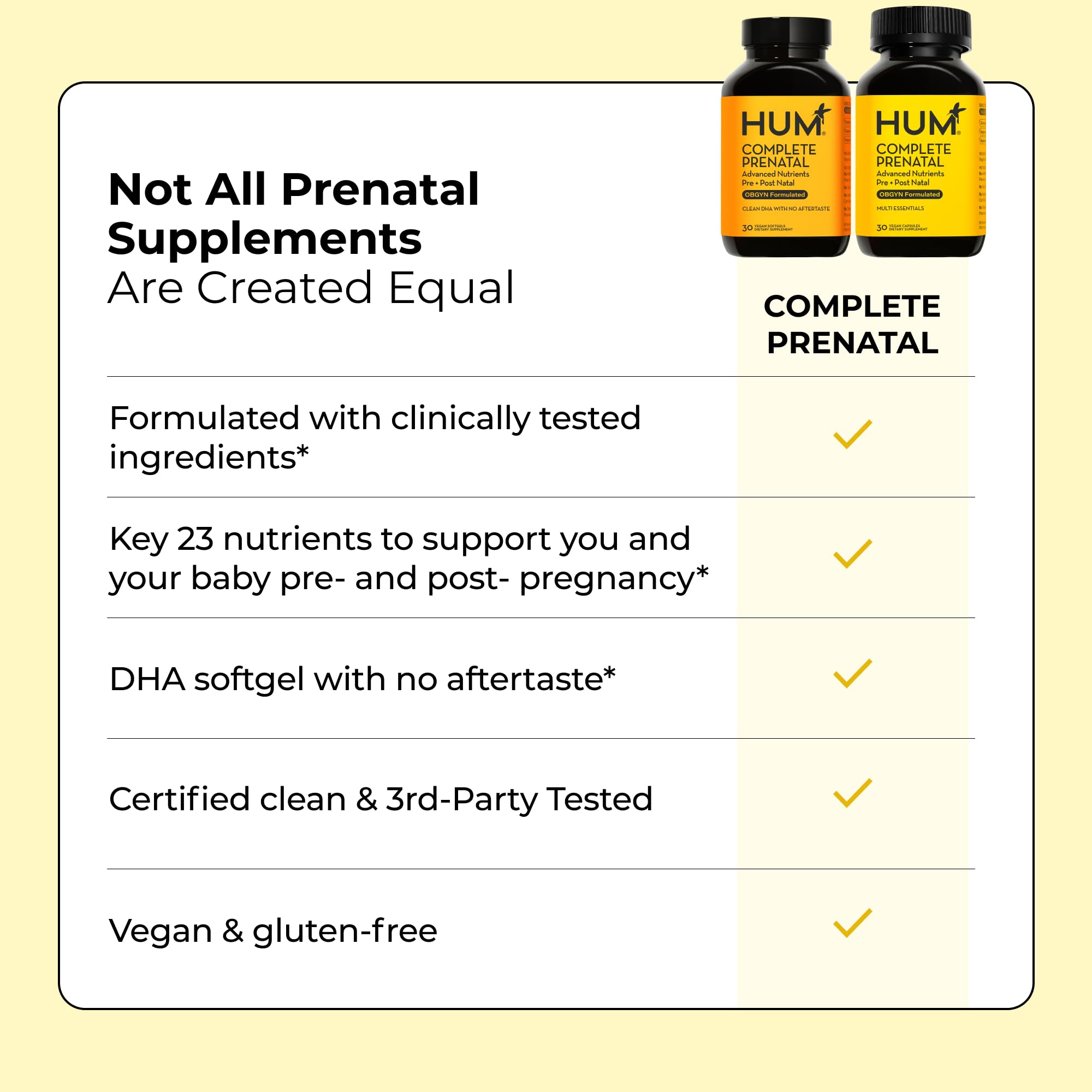 HUM Complete Prenatal Multivitamin for Women with Folate, DHA, and Choline, 23 Nutrients for Daily Support, Gluten Free, Non GMO Supplement for Pre, During, and Post Pregnancy, 30 Vegan Capsules HUMUS supplements