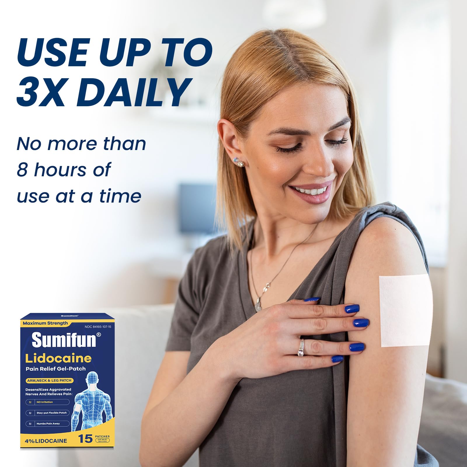 Sumifun Medium Size Lidocaine Patches - Plantar Fasciitis Relief, Foot & Neck & Arm & Small Pain Areas - Maximum OTC Strength - Stays in Place (Small, Count, 15) SumifunAu supplements