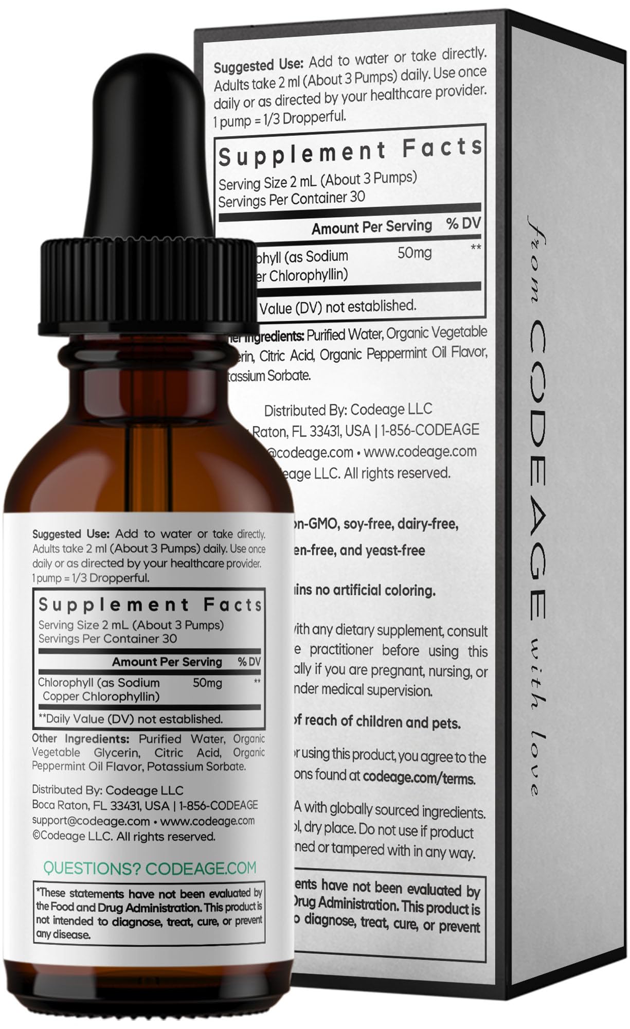 Codeage Chlorophyll Liquid Drops Supplement - Vegan Chlorophyll 50 mg per Serving, Organic Peppermint Flavor Clorofila Drink - Non-GMO, Gluten-Free, Vegan - 2 fl oz CodeageAu supplements