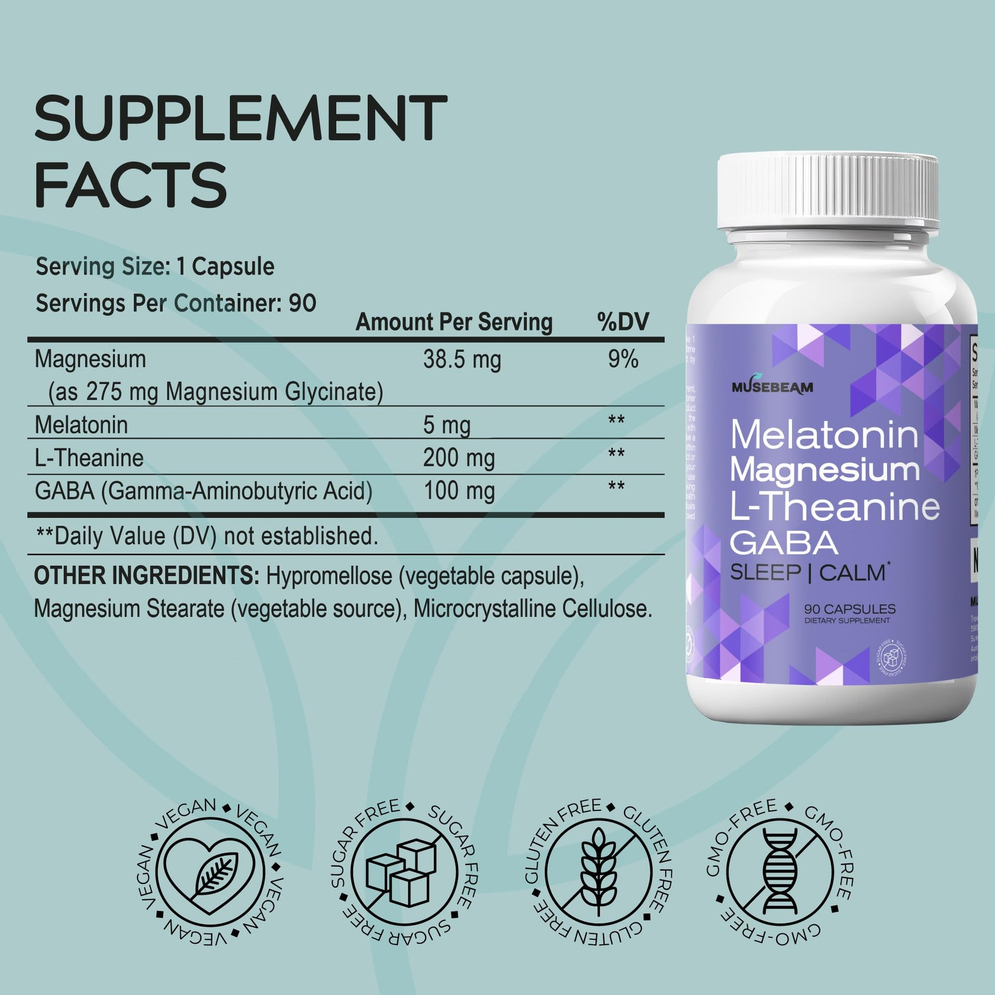 MuseBeam Magnesium Glycinate 275mg Melatonin 5mg L-Theanine 200mg GABA 100mg Capsules - Full Rest Nighttime Bedtime Support Supplement for Men Women - Vegan Sugar-Free Gluten-Free musebeamAu supplements