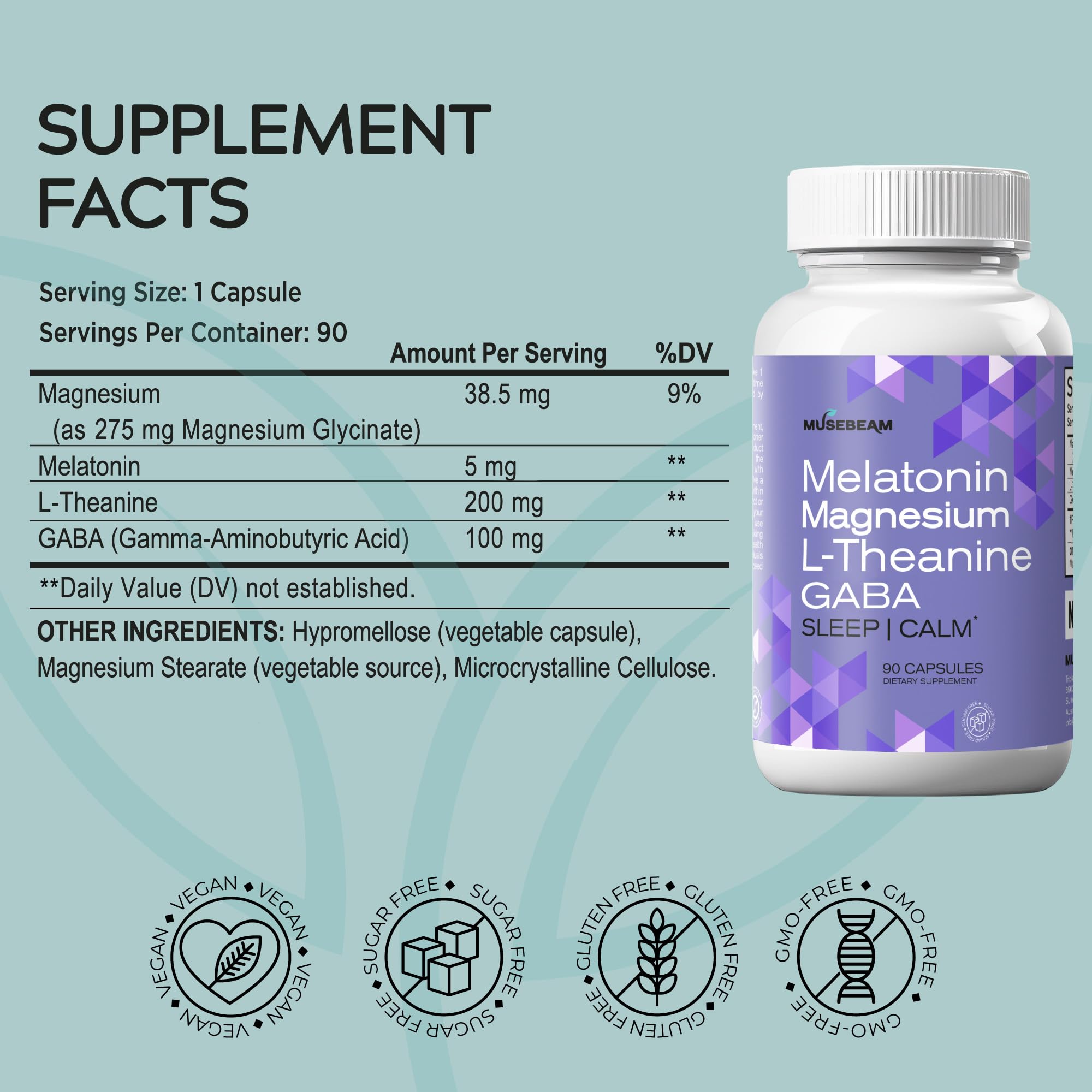 MuseBeam Magnesium Glycinate 275mg Melatonin 5mg L-Theanine 200mg GABA 100mg Capsules - Full Rest Nighttime Bedtime Support Supplement for Men Women - Vegan Sugar-Free Gluten-Free musebeamAu supplements