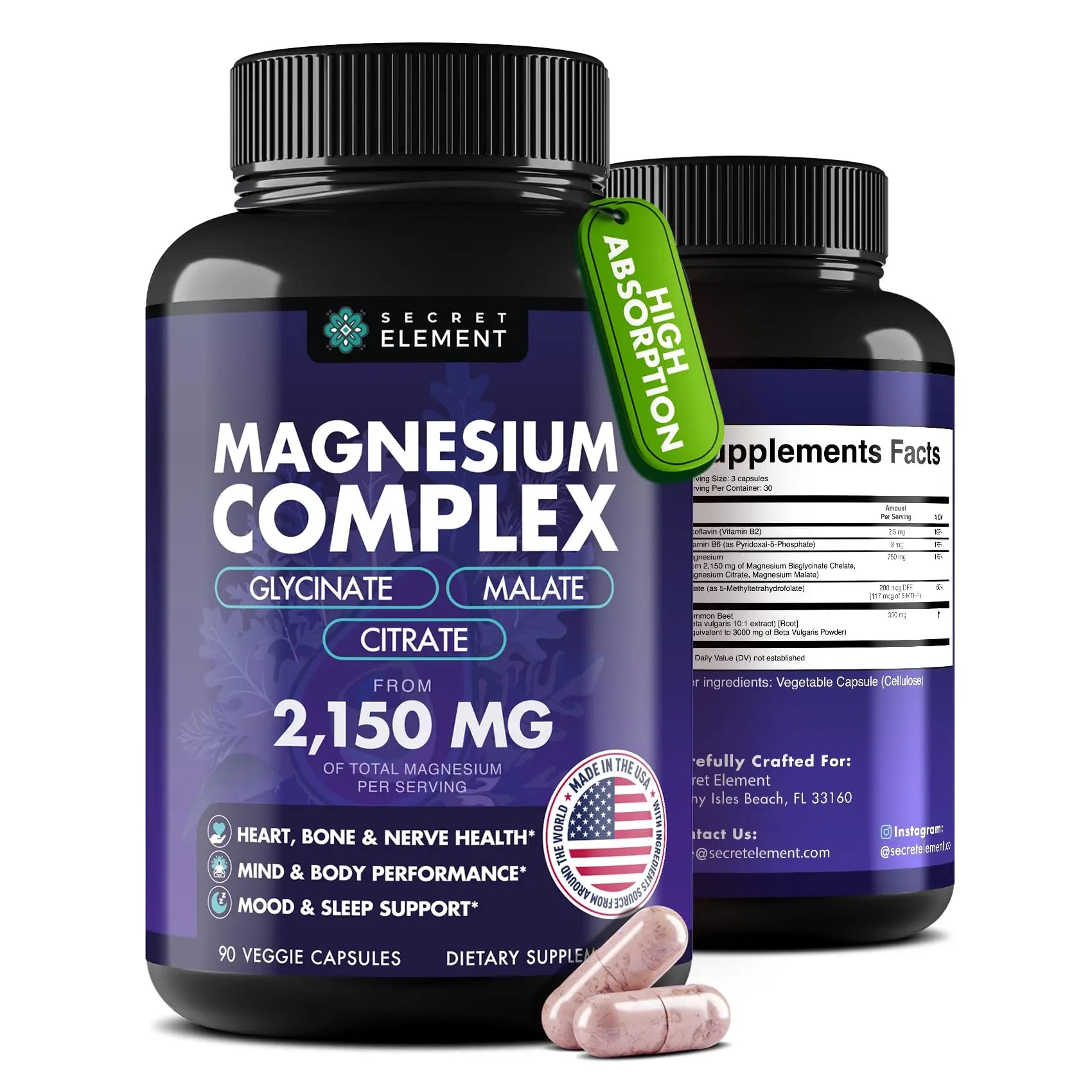 Magnesium Complex 2,150MG, High Absorption Capsules with Magnesium Glycinate, Citrate & Malate, Plus Vitamin B6, B2, Folate & Beet Root, Vegan, Non-GMO, No Artificial Additives, 90 Capsules Secret ElementAu supplements