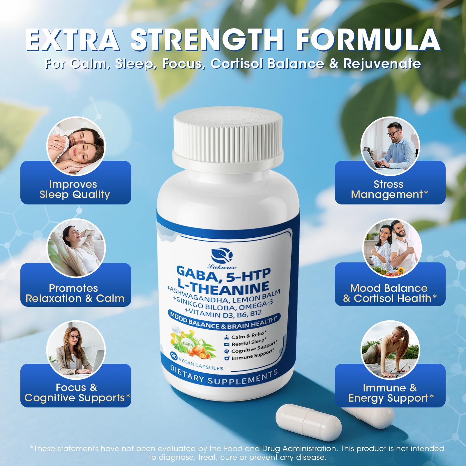 GABA Supplements 750mg with L Theanine, 5HTP, Ashwagandha, Lemon Balm, Ginkgo Biloba, Omega-3, 10 in 1 GABA Calm Capsules for Sleep, Relaxation, Focus, Mood Support, Cortisol Balance - 90CT LukareeAu supplements