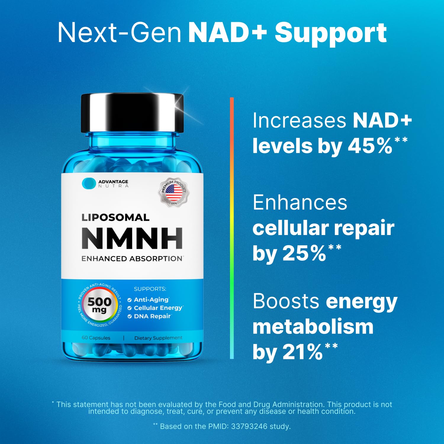 Liposomal NMNH 500 MG - NMN Supplement Alternative - NAD Supplements for Women & Men | Healthy Anti Aging - Cell Support for Energy, Focus & Skin - Advanced NAD+ Resveratrol 3-Party Tested | 1 Pack AdvantageNutraAu supplements