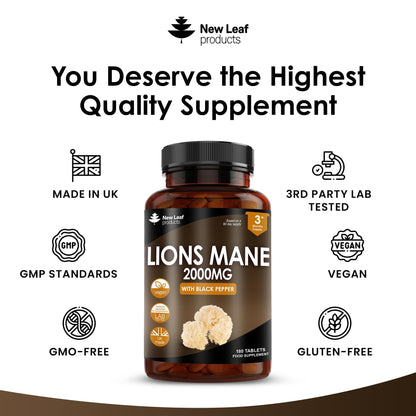 Lions Mane Mushroom Extract Supplement 2000mg - 180 High Strength Vegan Tablets NEW LEAF PRODUCTSUS supplements