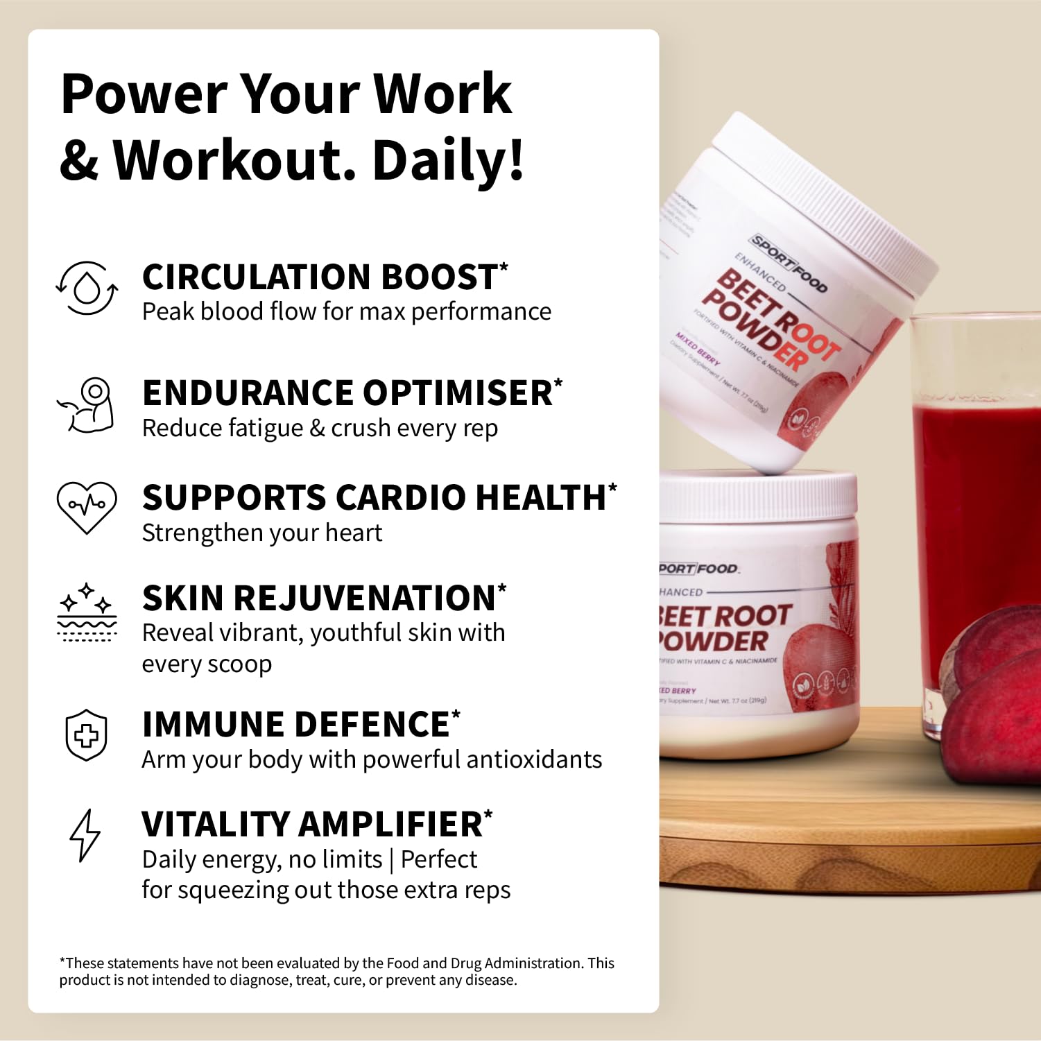SPORTFOOD Beet Root Powder with Niacinamide & Vitamin C - Superfood for Circulation, Energy, & Stamina | Vegan, Non-GMO, Nitric Oxide Boost for Pre-Workout & Heart Health | Mixed Berry Flavor | 7.7oz Sport FoodAu supplements