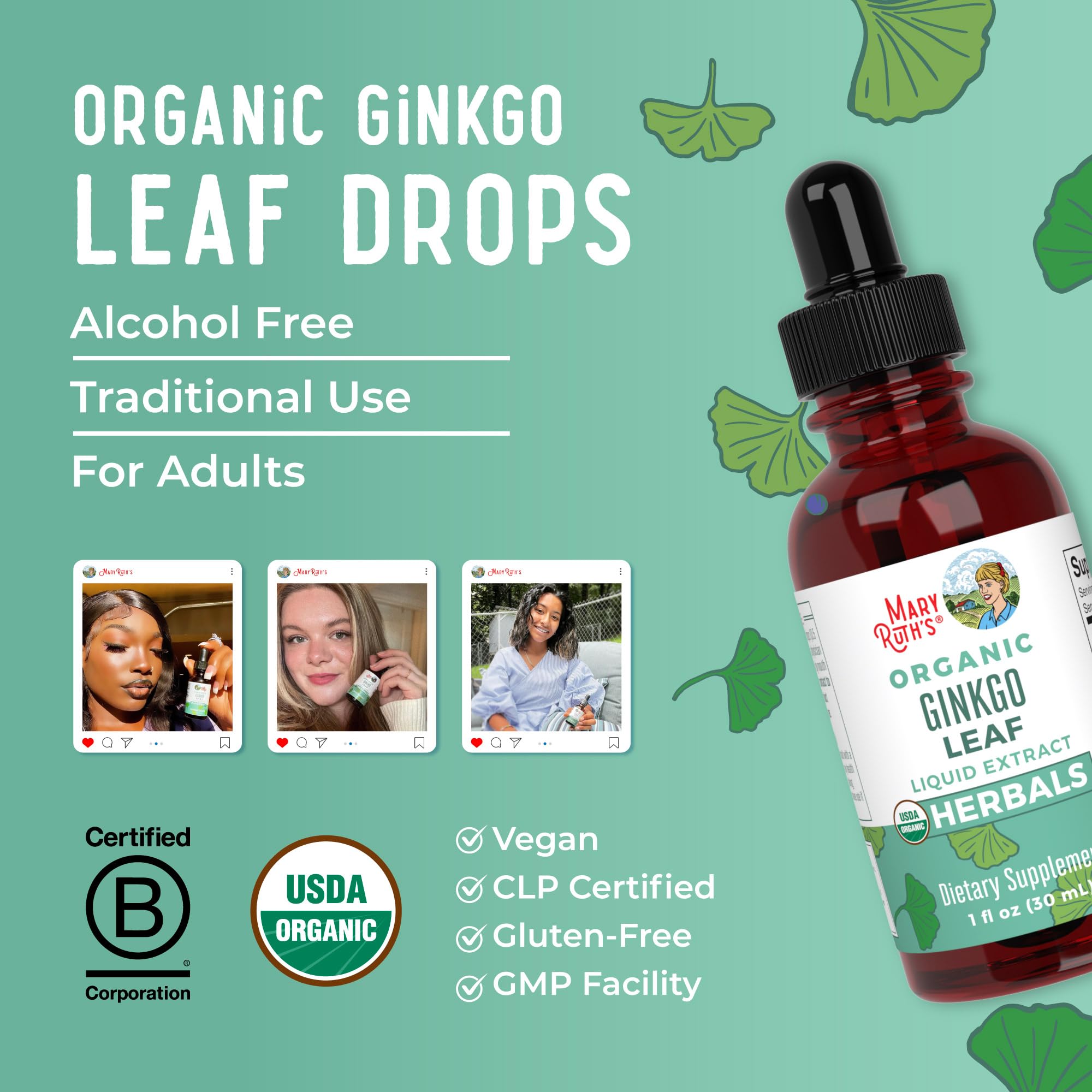MaryRuth Organics Ginkgo Leaf Liquid Drops | Herbal Supplement | Nootropic | Circulatory System & Nervous System Health | USDA Organic | Non-GMO | Vegan | 60 Servings MARYRUTH'SUS supplements