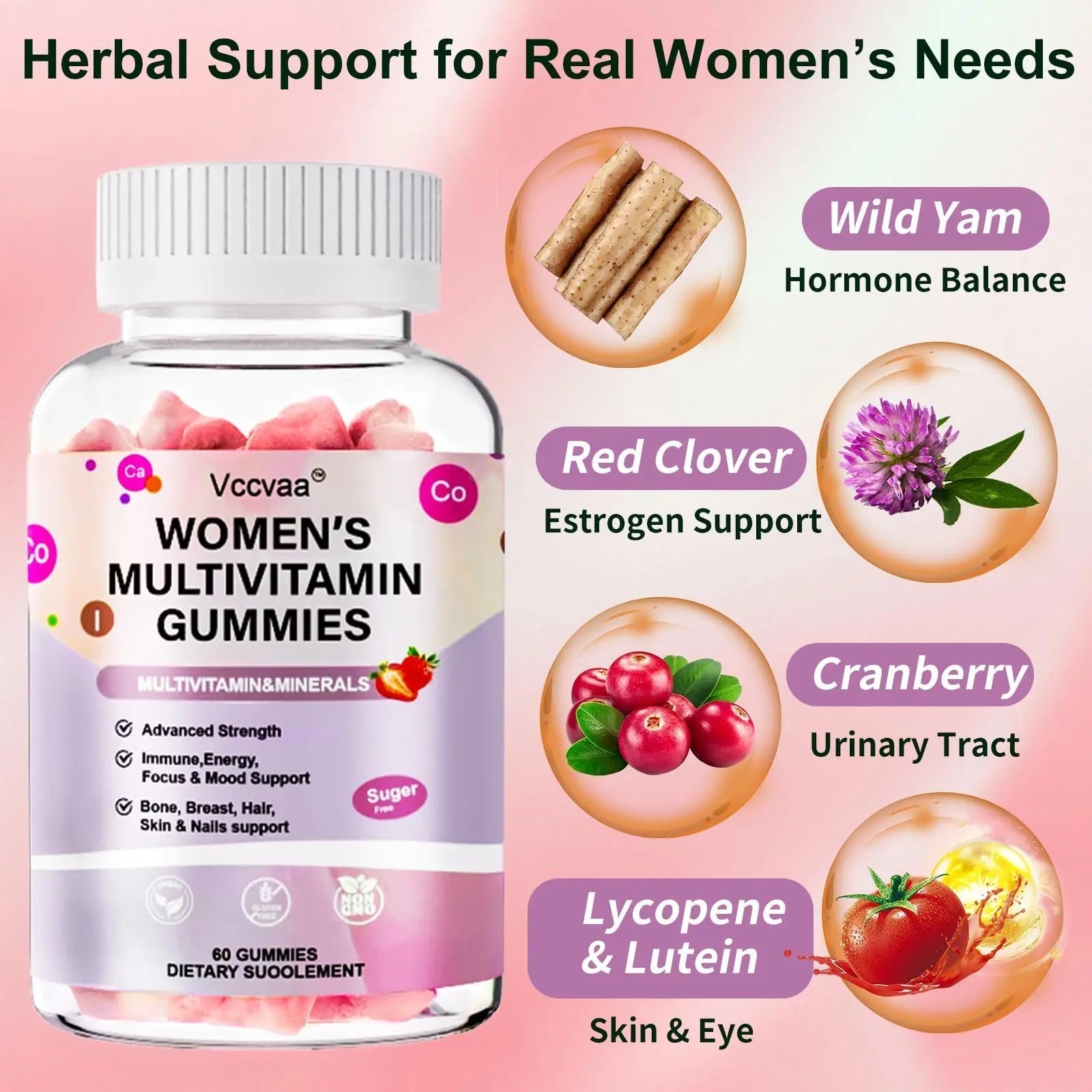 Vccvaa Sugar Free Multivitamin Gummies for Women 14+ with Iron, Inositol, Folate, Vitamins A C D3 E B12 K2, Herbal & Mineral Blend VccvaaAu supplements
