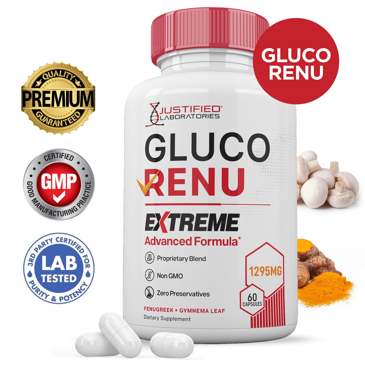 Gluco Renu Extreme 1295MG Glyco Support Pills Advacned Formula Gluo Renew Glycogen Support Formulated with Turmeric Berberine Resveratrol Garlic Bitter Melon Milk Thistle 60 Capsules Justified LaboratoriesAu supplements