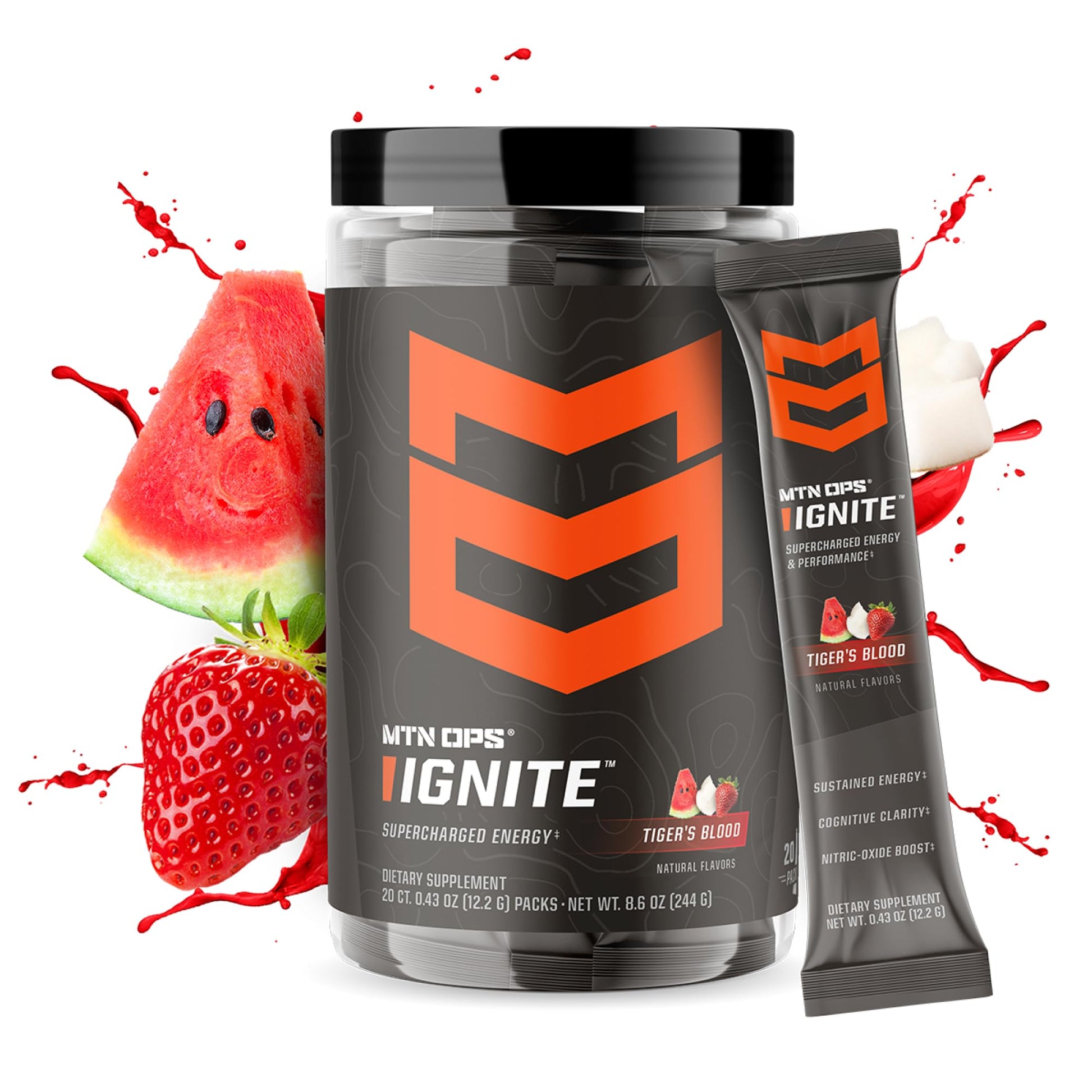MTN OPS Ignite Trail Packs Energy Drink Powder, Gluten Free Nootropic Supplement Drink Mix, L Arginine, L Citrulline, Caffeine & Nootropic Sugar Free Drink Mix, 20 Servings, Tiger's Blood MTN OPSAu supplements