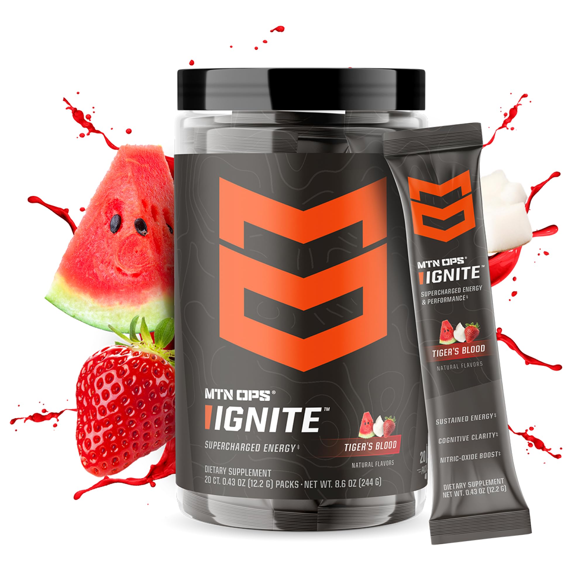 MTN OPS Ignite Trail Packs Energy Drink Powder, Gluten Free Nootropic Supplement Drink Mix, L Arginine, L Citrulline, Caffeine & Nootropic Sugar Free Drink Mix, 20 Servings, Tiger's Blood MTN OPSAu supplements