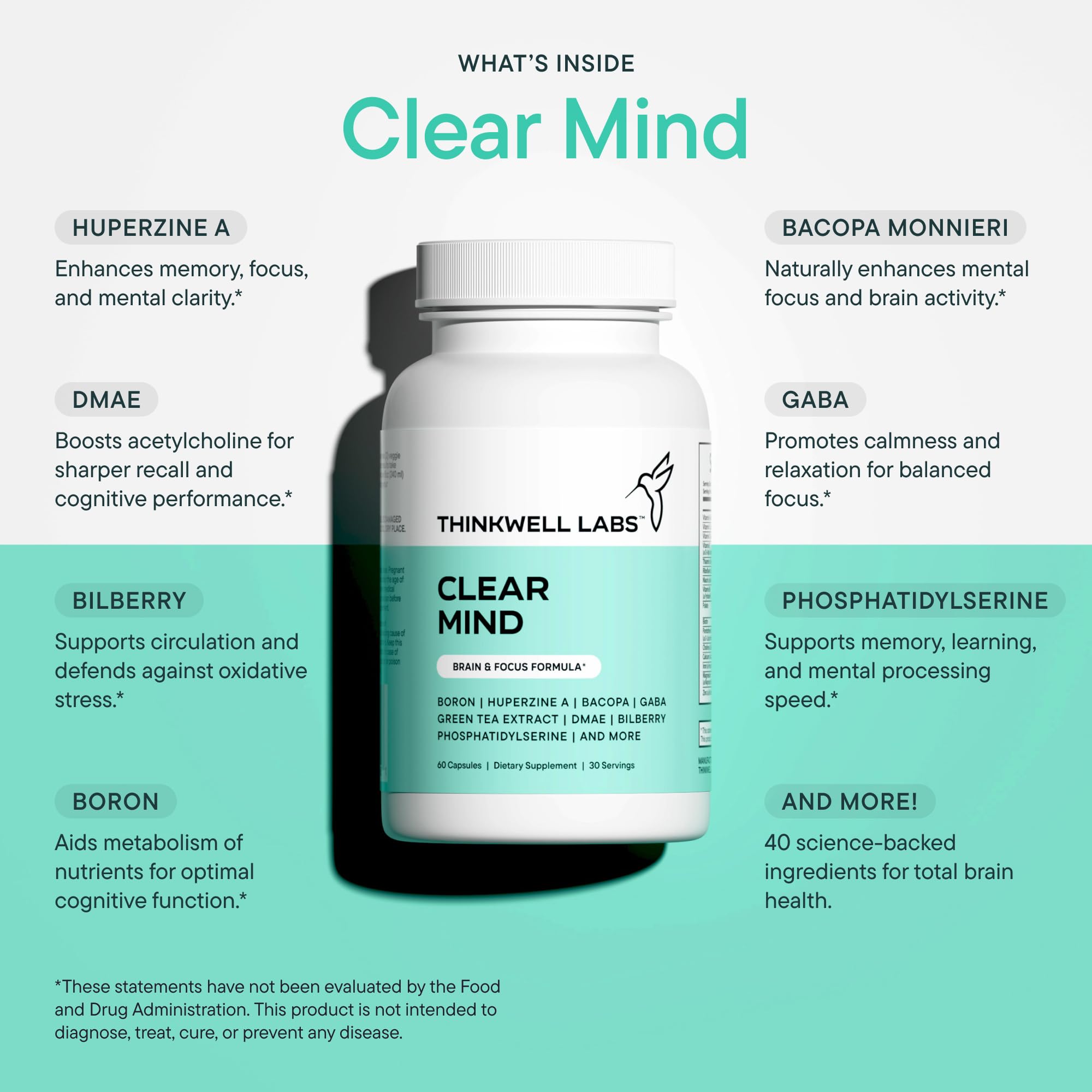 THINKWELL LABS Brain Supplements for Memory and Focus for Women and Men, Focus Supplement, Memory Supplement for Brain, Nootropic with Boron, Huperzine A, Phosphatidylserine (40-in-1, 60 Capsules) THINKWELL LABSAu supplements