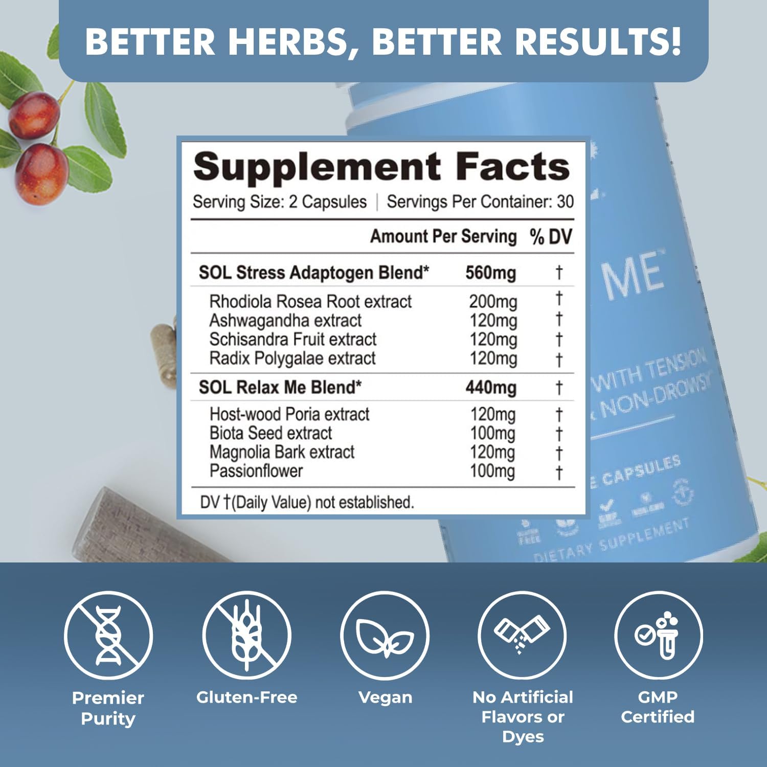 Sol Nutrition Relax Me - Natural Calming Relief for Stress, Tension, & Worry - 15x More Effective - Support Mood, Relax the Mind & Body - Supplements for Adults - Non-Drowsy - 60 Vegetarian Capsules Sol NutritionAu supplements