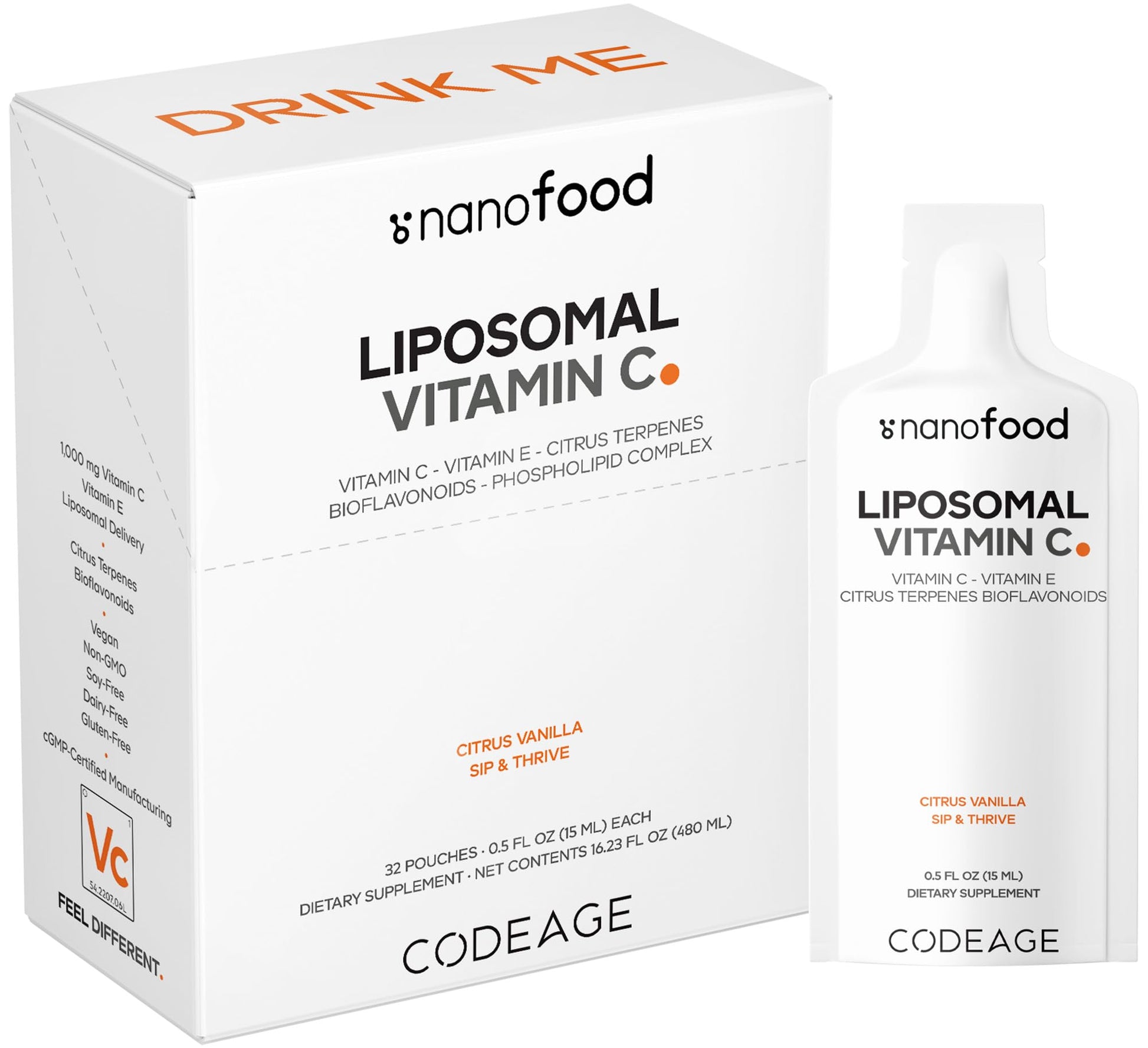 Codeage Liposomal Vitamin C Liquid 1000mg Vitamin C, 4000mg Essential Phospholipids, Supplement For Daily Immune Support, Liposomes For Absorption, Citrus Bioflavonoids, Vitamin E, Non-GMO, 32 Pouches CodeageAu supplements