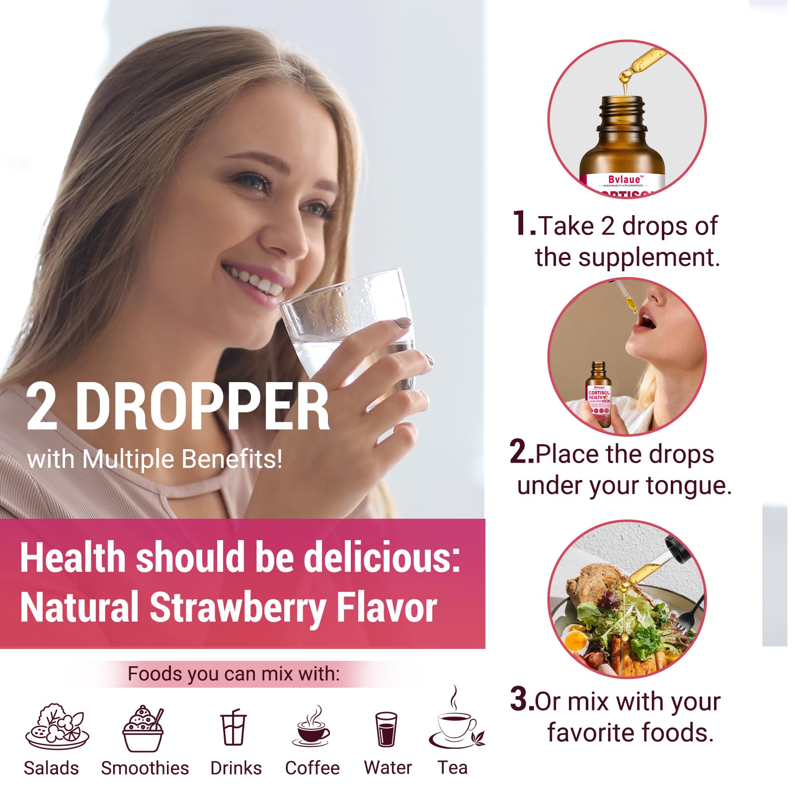 Bvlaue Cortisol Supplements Detox for Women - 20-in-1 Cortisol Reducer,Manager,Lower w/Ashwagandha,Magnesium,L-Theanine,Saffron,Rhodiola for Hormone Balance/Sleep/Stress Relief,Strawberry Flavor BvlaueAu supplements
