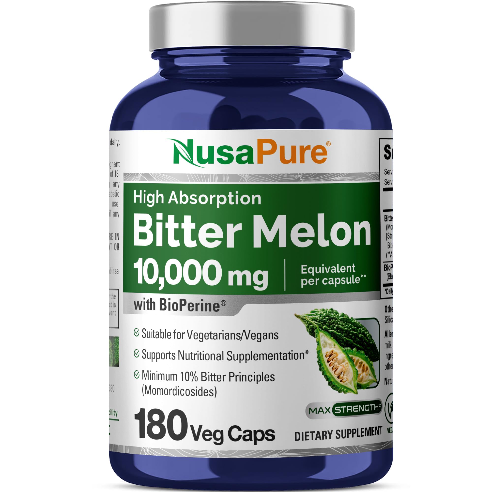 NusaPure Bitter Melon Extract 10,000 mg 180 Vegan Caps (100% Vegetarian, Non-GMO, Gluten-Free, 10% Bitter Principles) Bioperine NusaPureAu supplements