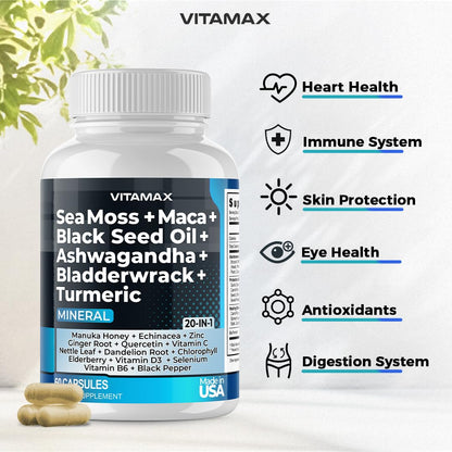 Sea Moss, Maca, Black Seed Oil, Ashwagandha, Bladderwrack, Turmeric VitamaxUS supplements