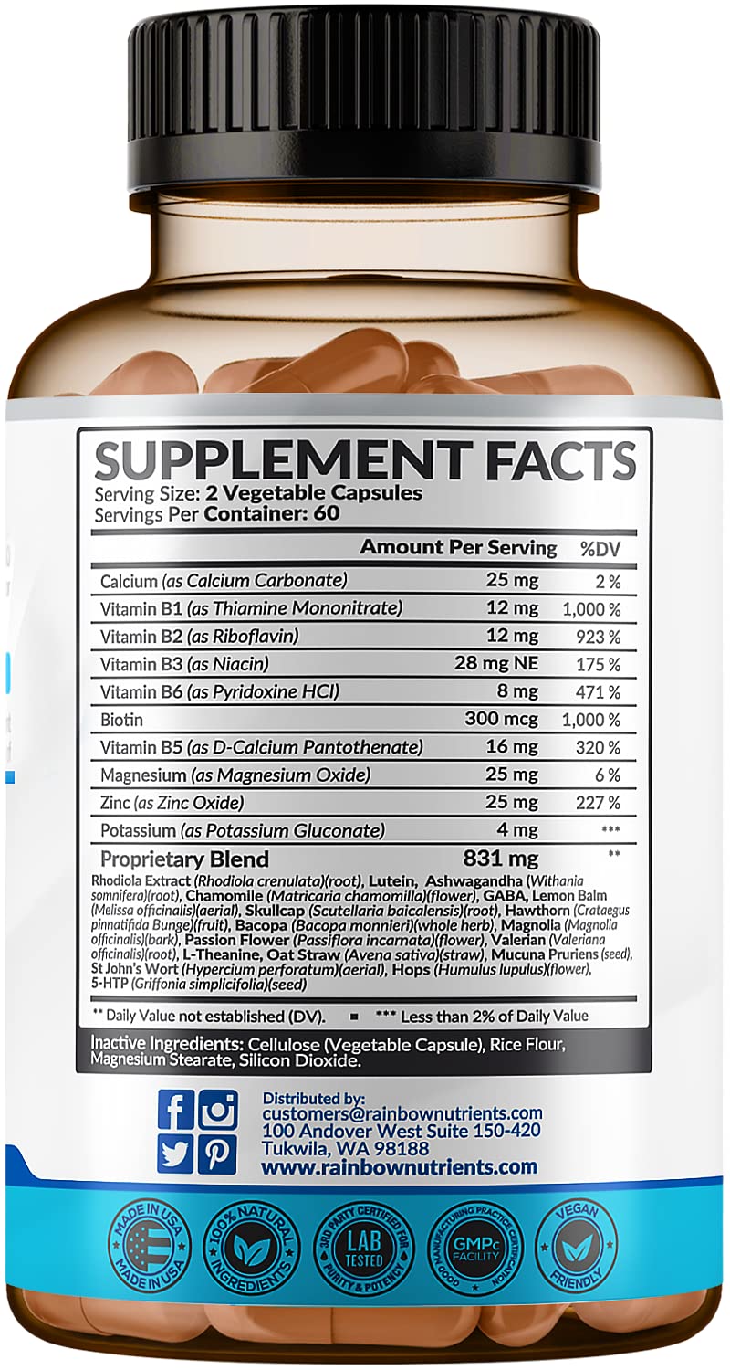 28 in 1 Calm Mood Support Supplement- Natural Happy Pills for Occasional Anxiousness & Stress, Worry feelings, Relaxation, Mental Clarity | Max Sleep & Mood Support for Women & Men|120 Vegan Capsules Rainbow Nutrients, LLCAu supplements