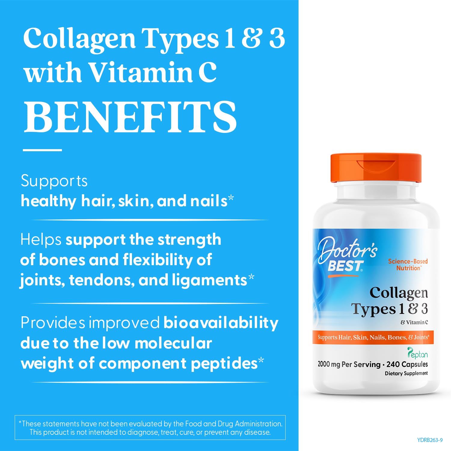 Doctor's Best Collagen Types 1 & 3 with Vitamin C, Non-GMO, Gluten Free, Soy Free, Supports Hair, Skin, Nails, Tendons & Bones, 500 mg, 240 Caps (DRB-00263) Doctor's BESTAu supplements