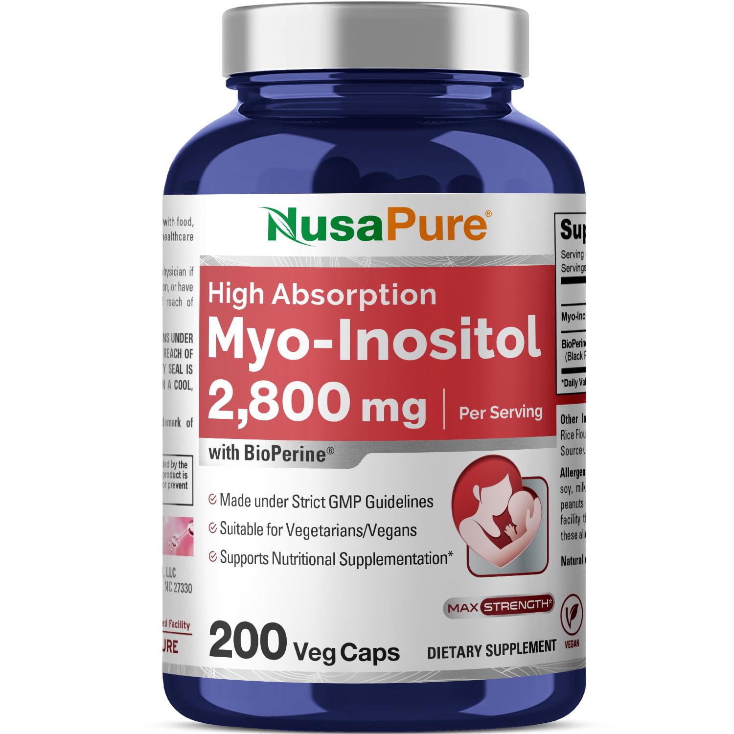 NusaPure Myo-Inositol - Suitable for Vegetarian/Vegan, Non - GMO - 2800mg, 200 Capsules NusaPureAu supplements